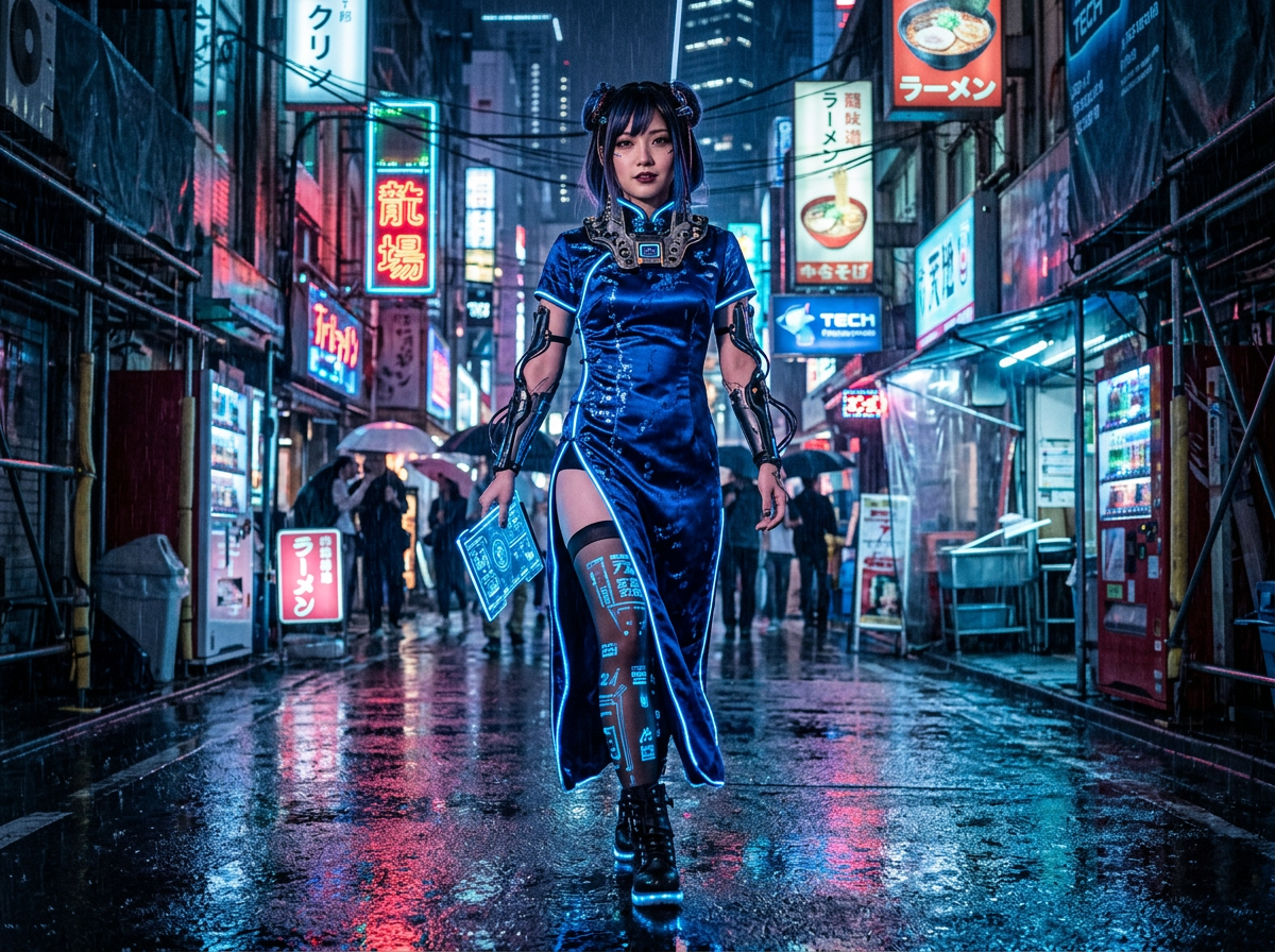 图中展现了一个充满赛博朋克风格的雨夜街头场景。一位留着深色双丸子头、融合了春丽形象与未来科技感的女性正向镜头走来。她身穿一件深蓝色绸缎质感的旗袍，边缘带有发光的蓝色灯条，手臂上套着复杂的机械护甲，右腿丝袜上印有发光的电子纹路。背景是狭窄的日式街道，布满了五颜六色的霓虹灯招牌、自动贩卖机和拉面馆。地面湿漉漉的，倒映着绚丽的灯光。画面色调以冷峻的深蓝为主，点缀着鲜艳的红与绿，营造出一种科幻电影般的氛围。

在 AI 生成的细节方面，存在一些明显的逻辑与结构缺陷：女性右手提着的发光平板电脑边缘模糊，且与手指的握持关系不自然，手指显得有些僵硬和变形。背景中的日文和汉字招牌大多是乱码或笔画错误的伪文字，例如左侧红底绿字的招牌文字结构诡异。此外，背景中打伞行人的轮廓较为模糊，部分肢体与环境的透视关系略显生硬。