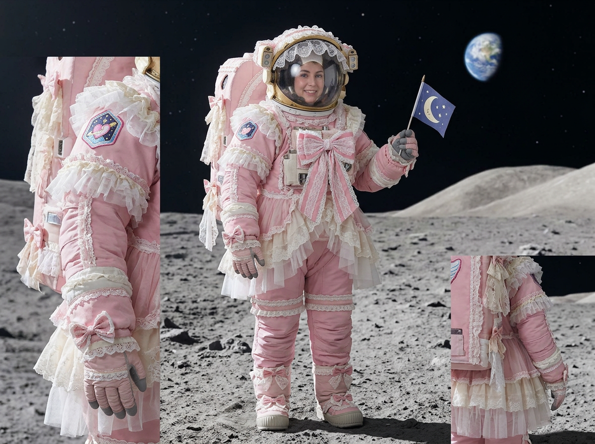 图中展示了一名身穿粉色“洛丽塔”风格宇航服的女性，正站在荒凉的月球表面。这套宇航服极具创意，粉色的主色调上装饰着大量的白色蕾丝花边、层叠的裙摆和精致的蝴蝶结，头盔边缘也围了一圈蕾丝。宇航员面带微笑，左手举着一面印有月亮和星星图案的小蓝旗。背景是灰色的月球坑洼地表，远方悬挂着一颗蓝色的地球，构图将硬核科技与甜美少女风进行了趣味结合。

画面中存在明显的 AI 生成缺陷：首先，宇航员的左手手指结构混乱，抓握旗杆的方式不自然，且右手手套的指尖部分呈现出模糊的灰色块。其次，旗杆像是凭空插在手套上，缺乏真实的物理接触感。最明显的异常是图片的左右两侧分别出现了两个长方形的局部放大“切片”，这种排版错误导致画面结构支离破碎，且切片中的细节与主体位置并不完全对应。此外，宇航服上的蕾丝纹理在某些褶皱处显得过于模糊，缺乏真实的布料质感。