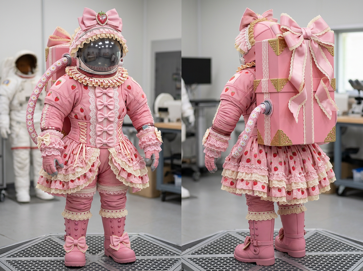 图中展示了一套极具创意且风格独特的“洛丽塔”主题粉色宇航服，分为正面和背面两个视角。这套宇航服通体呈现柔和的粉红色，布满了草莓图案、蕾丝花边和精美的蝴蝶结。头盔顶部装饰着巨大的粉色蝴蝶结，面罩呈深色镜面质感。宇航服的躯干部分设计成了束腰裙装样式，下摆是层层叠叠的蕾丝蓬蓬裙。背部则背着一个巨大的粉色礼盒状生命维持系统，上面系有华丽的长丝带。背景是一个模糊的航天实验室，左侧站立着一套传统的白色宇航服作为对比。

画面中存在明显的 AI 生成缺陷：首先，宇航服的手部结构模糊，手指数量和形状不自然，缺乏关节细节；其次，连接背部气箱的软管在正面和背面视角中的位置与走向不一致，且软管上的小花图案分布显得杂乱且不符合物理透视；最后，宇航服上的蕾丝纹理在局部出现了扭曲和重叠，背部礼盒的边缘线条在与丝带交汇处显得有些模糊和逻辑断层。