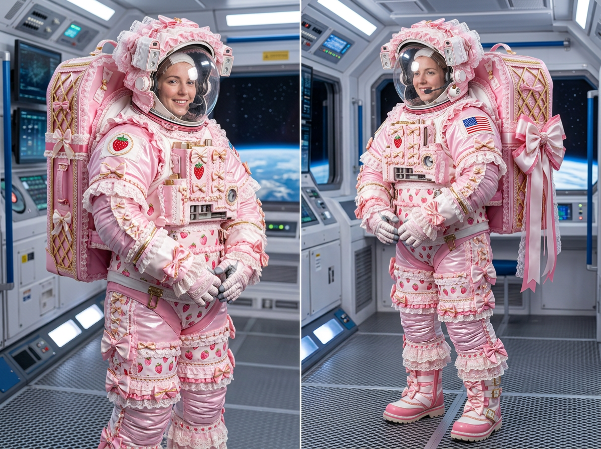 图中展示了两张并排的对比照片，呈现了一位女性宇航员身处太空舱内的场景。她身穿一套极具特色的粉色“洛丽塔”风格航天服，服装上布满了蕾丝花边、蝴蝶结、草莓图案和珍珠装饰，背后的生命维持系统背包也被装饰成了带有菱格纹和巨大丝带蝴蝶结的粉色礼盒模样。宇航员面带微笑，头戴透明面罩，背景是充满科技感的飞船内部，窗外可见蓝色的地球弧线。

画面中存在明显的 AI 生成缺陷：首先，人物的手指结构混乱，左图中双手交叠处指节模糊且数量异常，右图中的手套指尖呈现出不自然的扭曲。其次，服装上的细节缺乏逻辑，例如胸前的草莓徽章边缘模糊，部分蝴蝶结与衣物的连接处透视错误，仿佛悬浮在表面。此外，右图中宇航员右肩上的美国国旗条纹模糊不清，且头盔边缘的蕾丝装饰与金属结构的融合显得生硬且不符合物理常识。