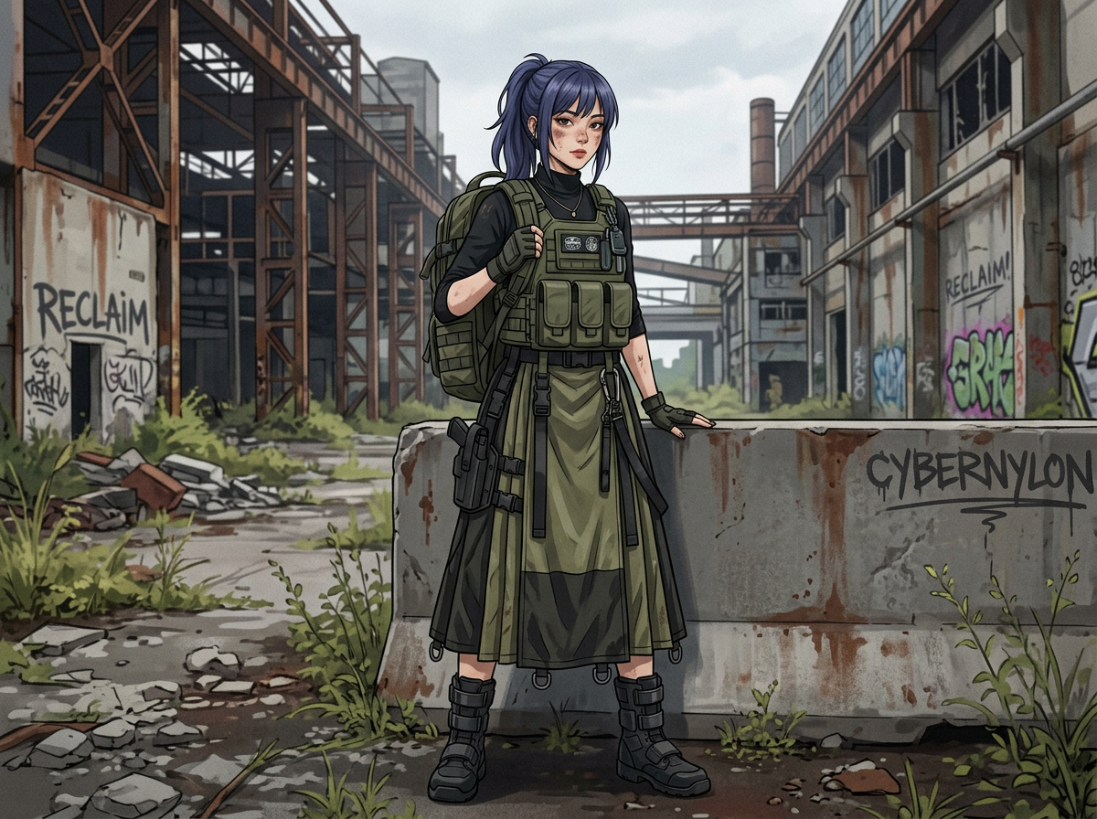 图中展示了一幅具有废土工业风格的二次元插画。画面中心是一位紫色长发的年轻女性，她扎着高马尾，面部带有少许污渍，神情冷峻。她身着融合了战术元素的服装：黑色长袖内搭，外穿军绿色战术背心，背着巨大的战术背包，下身则是长款的军绿色围裙式裙装和黑色作战靴。她站在一片荒废的工厂区，背景充满了生锈的钢结构、带有涂鸦的混凝土墙和杂草。

在 AI 生成细节方面，画面存在几处明显的逻辑缺陷：首先，人物左手搭在石墩上的手指显得细长且比例失调，指尖形态模糊；其次，她右侧大腿位置挂载的枪套中并没有实际的枪柄，结构显得空洞且不合理；最后，背景墙上的文字如“RECLAIM”和“CYBERNYLON”虽然清晰，但部分涂鸦线条显得杂乱，缺乏真实的喷绘质感。整体构图居中，色调以灰绿和铁锈色为主，营造出一种末世生存的氛围。