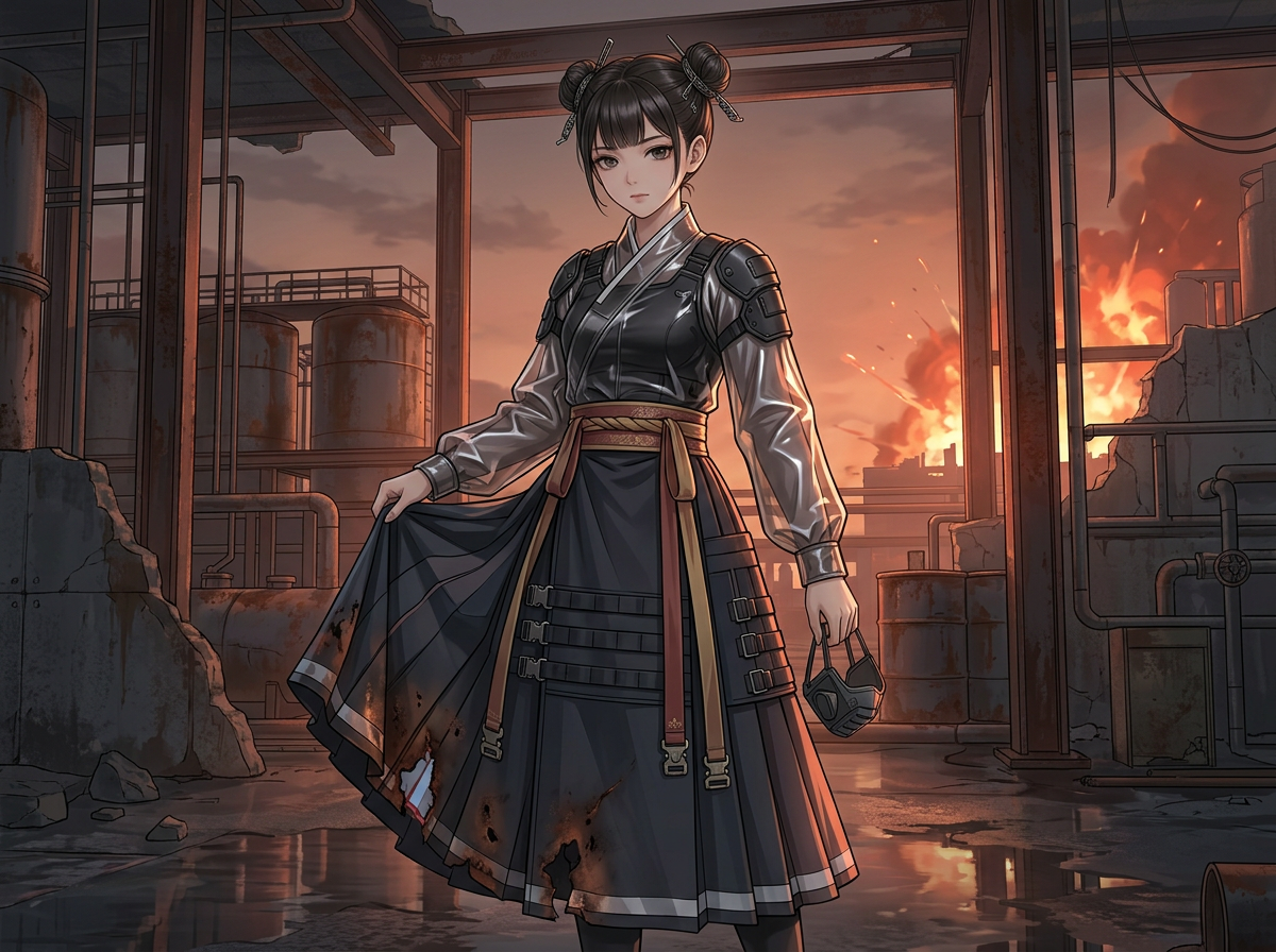 图中展示了一位身处废墟工厂的动漫风格少女。她扎着双丸子头，神情冷峻，穿着一件结合了中式旗袍元素与赛博朋克风格的黑色战斗长裙，袖子呈半透明质感，裙摆处有明显的烧焦破洞。她右手轻轻提起裙角，左手提着一个防毒面具。背景是昏暗的工业区，锈迹斑斑的钢架、管道和油罐错落有致，远处火光冲天，浓烟滚滚，夕阳的余晖与火光将地面积水映照成橘红色。画面构图均衡，人物居中，营造出一种末世战火中的肃穆感。

在 AI 生成细节方面，存在明显的逻辑缺陷：人物的左手手指结构模糊，提着面具的方式显得僵硬且不符合重力感；裙子上的带扣和金属装饰分布略显杂乱，缺乏实际的功能逻辑；背景中右侧的管道连接处透视略显生硬，部分线条与建筑结构的衔接不够自然。此外，少女提裙的右手手指细节也略显简略。