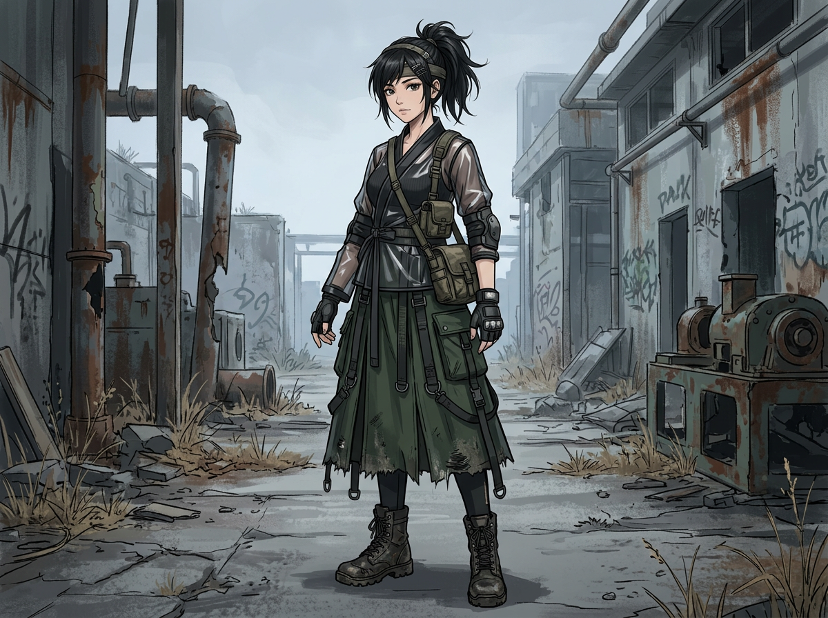 图中展现了一幅具有废土工业风格的二次元动漫插画。画面中心站立着一位英姿飒爽的年轻女性，她扎着黑色高马尾，戴着深色发带，眼神坚定。她身穿一件半透明质感的黑色交领上衣，下半身是墨绿色的多口袋工装长裙，裙摆带有磨损的痕迹，脚蹬黑色厚底作战靴。她斜挎着军绿色的小包，手臂戴着护肘和露指手套，整体装束融合了忍者与现代战术元素。背景是一个荒废的工厂区，满是锈迹斑斑
