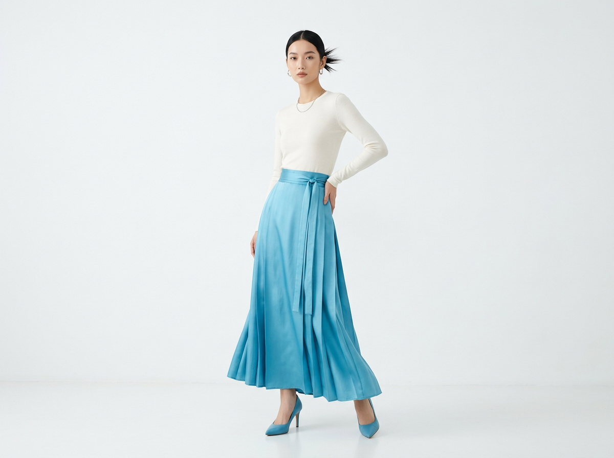 图中展示了一位亚裔女性模特，她正站在纯白色的极简背景前拍摄时尚硬照。模特留着利落的黑色扎发，身穿一件米白色紧身长袖针织衫，搭配一条亮蓝色的高腰绸缎长裙，腰间系有同色系的丝带。她脚穿一双与裙子颜色相近的蓝色尖头高跟鞋，左手叉腰，神情冷峻地直视镜头。整体构图简洁，色彩对比鲜明，呈现出一种现代优雅的风格。

在 AI 生成的细节方面，画面存在几处明显的逻辑缺陷：首先是模特的手部，左手叉腰时手指的结构显得有些模糊且比例失调，而垂下的右手部分则完全消失在裙摆的褶皱中，显得不够自然。其次，模特脑后的发束呈现出一种不自然的放射状，缺乏真实头发的重力感。此外，模特的双脚与地面的接触阴影略显生硬，右脚的透视角度与鞋子的形状衔接得不够完美，带有典型的 AI 生成痕迹。