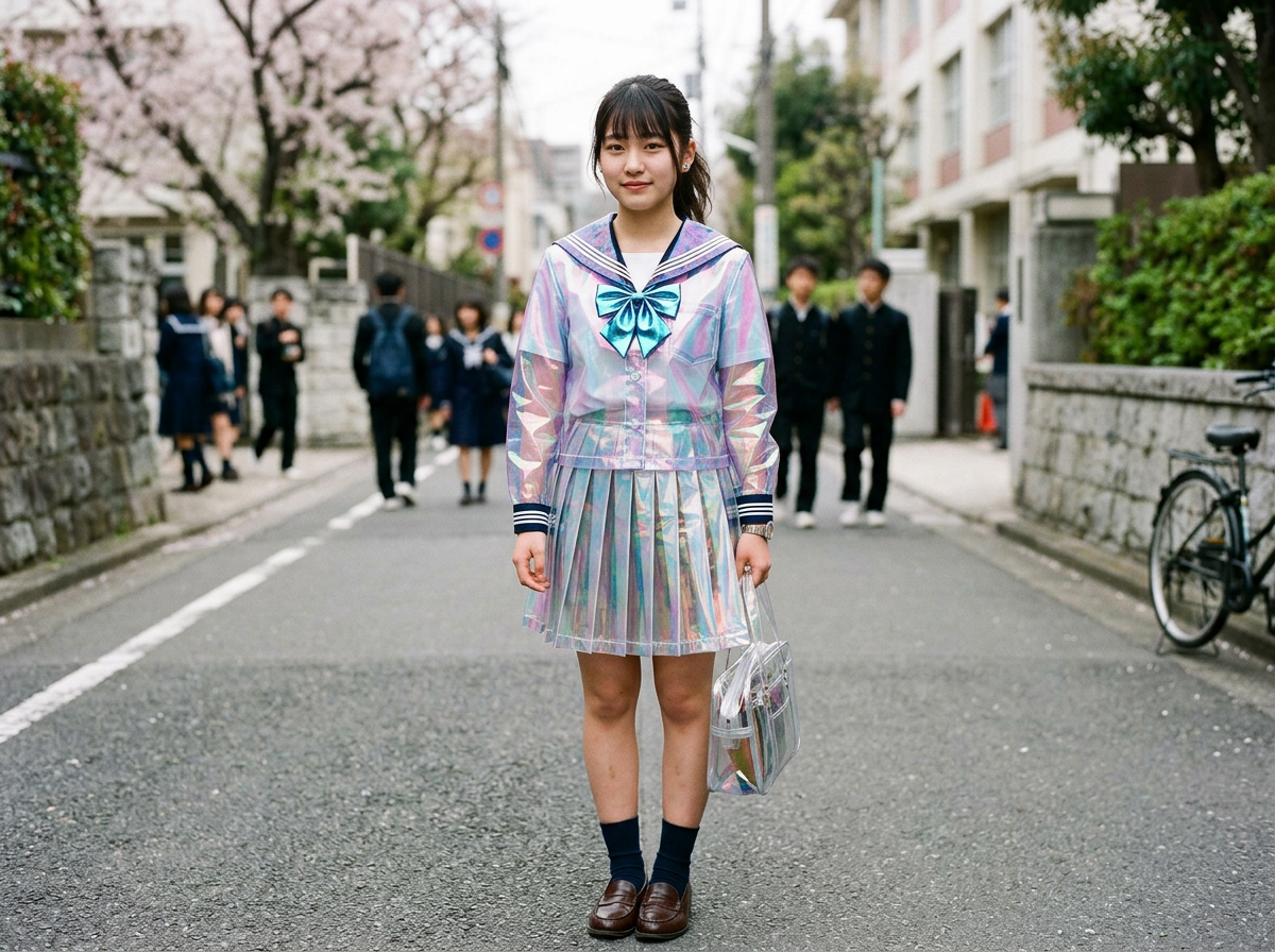 图中展示了一位年轻女性站在日本街道中央，她穿着一套极具未来感的透明镭射材质水手服校服。这套服装在阳光下闪烁着粉色、紫色和青色的金属光泽，包括一件长袖上衣、一个亮蓝色蝴蝶结和一条百褶短裙。她手提一个同样材质的透明手提包，脚穿黑色袜子和深棕色皮鞋。背景是典型的日本校园周边街景，有盛开的樱花树、石墙和穿着传统深蓝色校服的学生们，构图采用了中心对称的全身人像视角。

画面中存在明显的 AI 生成缺陷：首先，女生的左手（画面右侧）与透明提包的提手融合得极不自然，手指线条模糊且扭曲；其次，她右手腕上的手表表盘细节混乱，缺乏真实的刻度结构。背景中远处的学生面部特征模糊不清，且左侧石墙边缘的透视关系略显生硬。尽管如此，服装的材质质感表现得非常逼真。