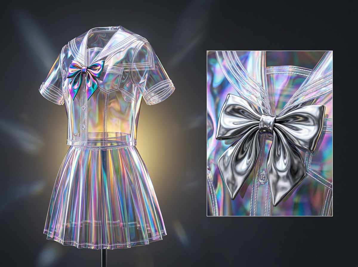 图中展示了一套极具科幻感的日式水手服套装，悬浮在深灰色的背景前。这套服装由全透明且带有虹彩光泽的材质制成，呈现出如同肥皂泡或液态金属般的五彩斑斓，包括粉、紫、蓝、金等色调。左侧是服装的全景，包括短袖上衣和百褶裙，领口处系着一个精致的蝴蝶结；右侧是一个正方形的局部放大框，清晰展示了蝴蝶结的金属质感和衣领的缝线细节。画面构图简洁，光影交错，营造出一种未来主义的时尚氛围。

在 AI 生成的细节方面，存在一些逻辑上的瑕疵：首先，服装虽然呈现透明质感，但内部完全没有支撑衣物的模特或衣架结构，显得有些违背物理常识；其次，放大框中的蝴蝶结颜色与全景图中的彩色蝴蝶结并不完全一致，呈现出纯银色的金属感；此外，衣服上的缝线和纽扣虽然清晰，但在某些转折处显得过于生硬，缺乏真实织物的自然褶皱感。
