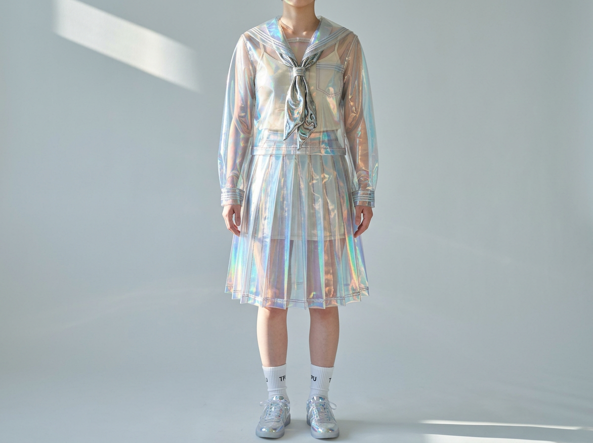 图中展示了一名身着独特材质制服的模特，背景为简洁的浅灰色影棚环境。模特从颈部以下出镜，穿着一套全透明且带有镭射幻彩光泽的日式水手服，包括一件长袖上衣和一条百褶裙。这种材质在光线下折射出青色、紫色和金色的金属感。上衣内搭一件米色背心，胸前系着一条银色金属质感的领巾。模特下半身穿着印有黑色字母的白色运动袜和一双银色镭射运动鞋。画面构图居中，左侧有一道斜向射入的自然光影，增添了通透感。

在 AI 生成细节方面，画面存在明显的逻辑与结构缺陷：模特的双手手指形态模糊且比例失调，指尖与裙摆边缘的融合显得生硬。袜子上原本应为“TPU”的字母在左右脚上显示不一致，且笔画破碎。此外，透明裙摆的折痕与身体阴影的透视关系略显违和，左脚鞋带处的纹理也出现了不自然的色块堆叠。