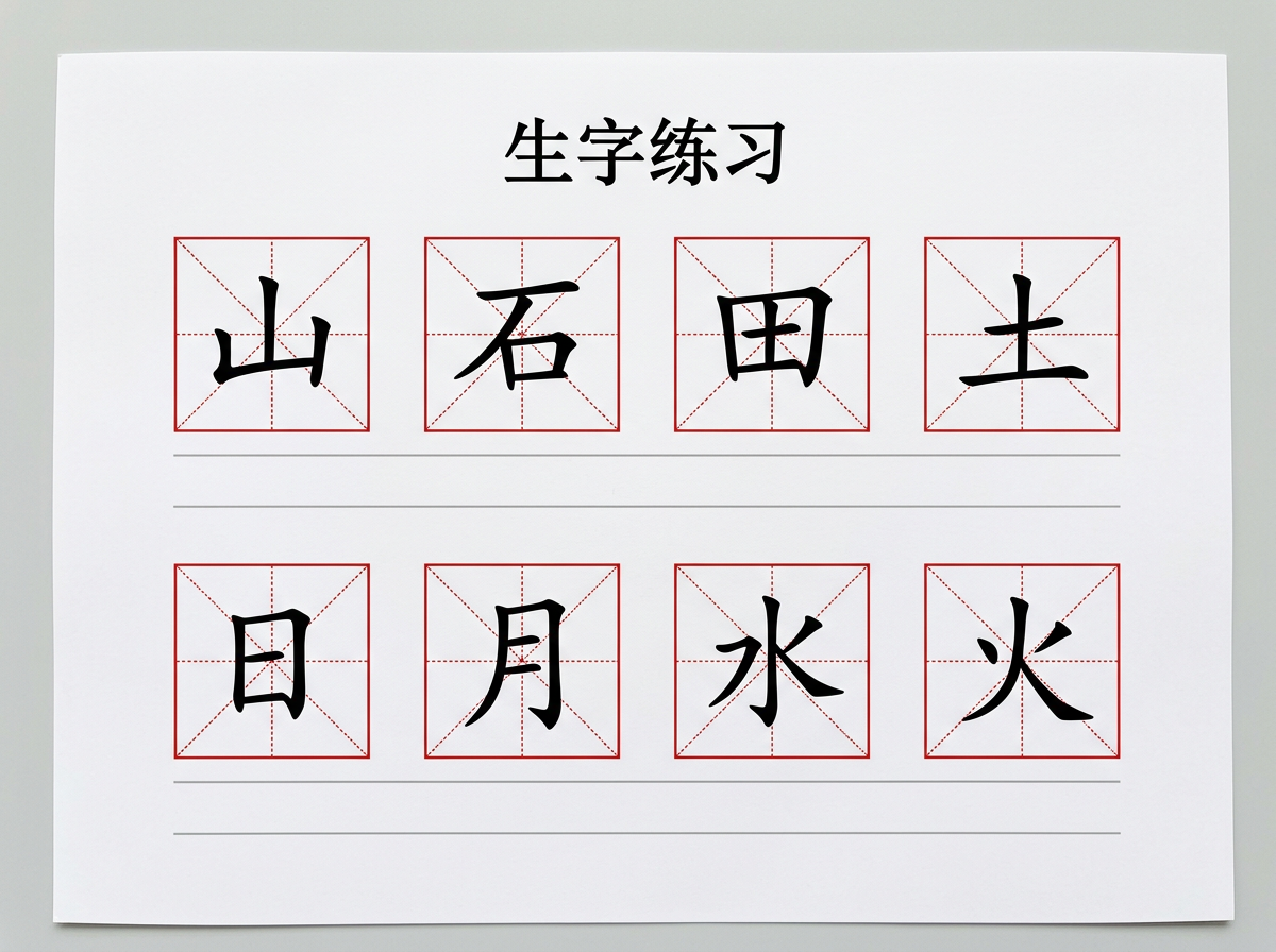 图中展示了一张用于汉字书写练习的米字格字帖。画面背景为纯净的白色纸张，顶部居中印有黑色的“生字练习”四个大字。纸面上排列着两行红色的米字格，每行四个，共计八个格子。第一行从左至右依次是“山、石、田、土”，第二行依次是“日、月、水、火”。这些汉字采用黑色的楷体或宋体风格，端正地位于格子中央。每个格子下方还配有两条浅灰色的横线，用于临摹练习。

在 AI 生成的细节方面，虽然文字内容基本正确，但仍存在一些细微的逻辑缺陷。例如，“石”字的撇画穿透了顶部的横线，不符合常规笔画结构；“田”字的内部横竖线与外框连接处略显生硬；“水”字的左侧撇点形状略有变形。此外，部分米字格内部的红色虚线粗细不均，且格子下方的灰色横线在边缘处略有模糊，整体呈现出一种由算法合成的规整感，而非真实纸张印刷的质感。