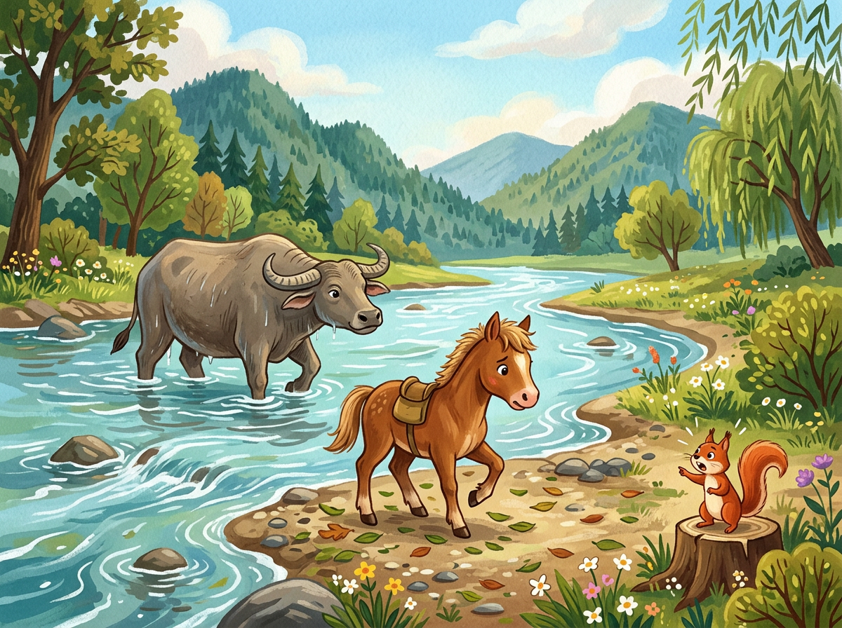 图中展现了一幅色彩明快、充满童趣的绘本风格自然景观。画面中央，一只棕色的小马正站在布满鹅卵石的河岸边，背上驮着浅褐色的马鞍，神情略显犹豫。在它左侧的浅蓝色溪流中，一头体型健硕的灰色水牛正趟水而过，回头望向小马。右下角的树桩上站着一只橘色的小松鼠，正张开双臂，仿佛在与小马对话。背景是层叠的绿色山峦和茂密的森林，天空明净，点缀着几朵白云。整体色调以翠绿、天蓝和土褐色为主，给人一种清新自然的感觉。在 AI 生成的细节方面，存在一些逻辑和解剖学上的瑕疵：小马背上的马鞍缺乏固定的肚带，像是悬浮在背上；水牛的左后腿与身体的连接处透视略显生硬；此外，河岸边散落的叶子形状较为单一且分布过于均匀，缺乏自然的随机感。