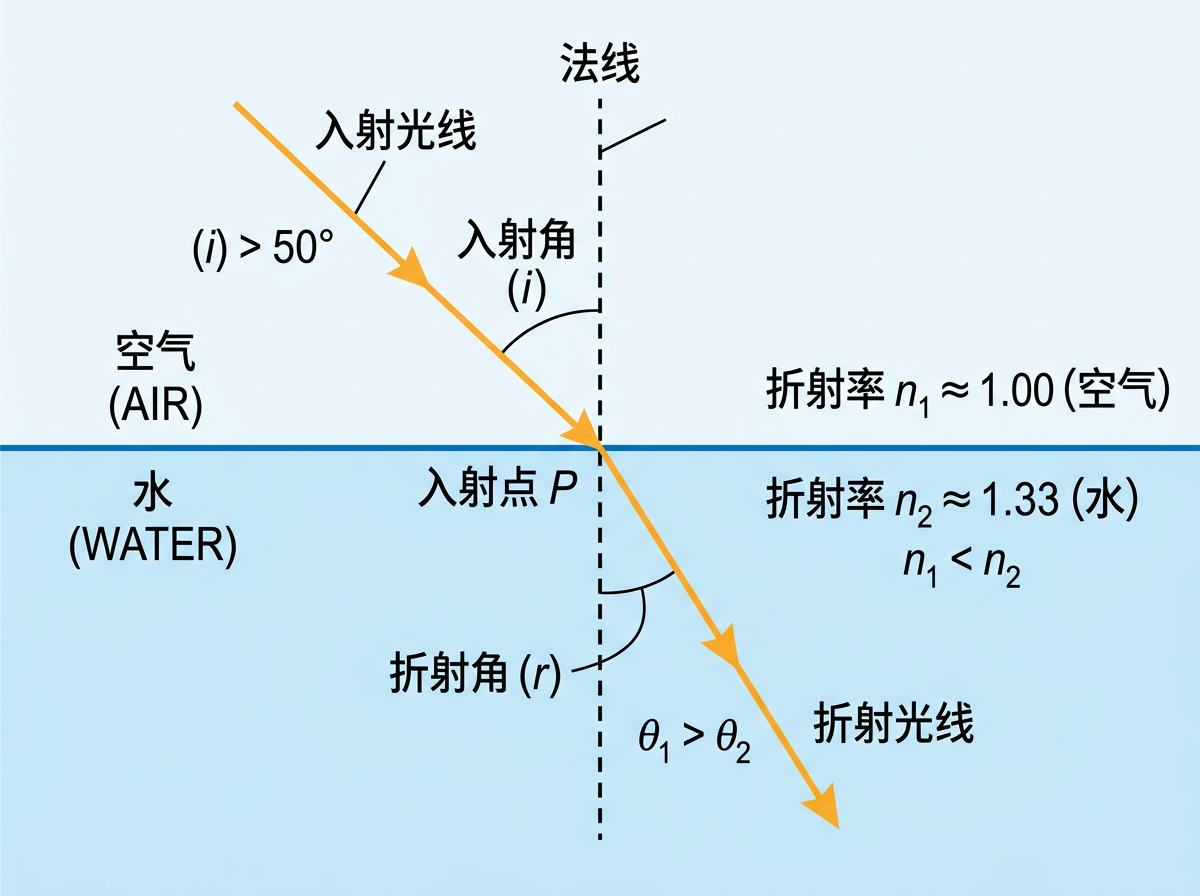 图中展示了一张关于光从空气射入水中的折射原理示意图。背景为淡蓝色，中间有一条深蓝色的水平线代表空气与水的交界面。一条橙色的光线从左上方斜射入交界面，并在交点处发生偏折，继续向右下方延伸。画面中心有一条垂直的黑色虚线作为法线。图中配有大量的中文和数学符号标注，如“入射光线”、“折射角”以及折射率数值等。

然而，作为一张 AI 生成的图片，画面中存在明显的逻辑和视觉缺陷：首先，光线从空气（低折射率）进入水（高折射率）时，折射光线应靠近法线，但图中光线的偏折方向在视觉上并不准确，甚至看起来像是一条没有偏折的直线。其次，文字标注存在严重的逻辑矛盾，图中同时使用了入射角 (i) 和 θ₁，以及折射角 (r) 和 θ₂，且标注位置混乱。最明显的错误在于法线顶部多出了一段无意义的斜短线，且部分文字排版重叠，缺乏严谨的科学示意图美感。