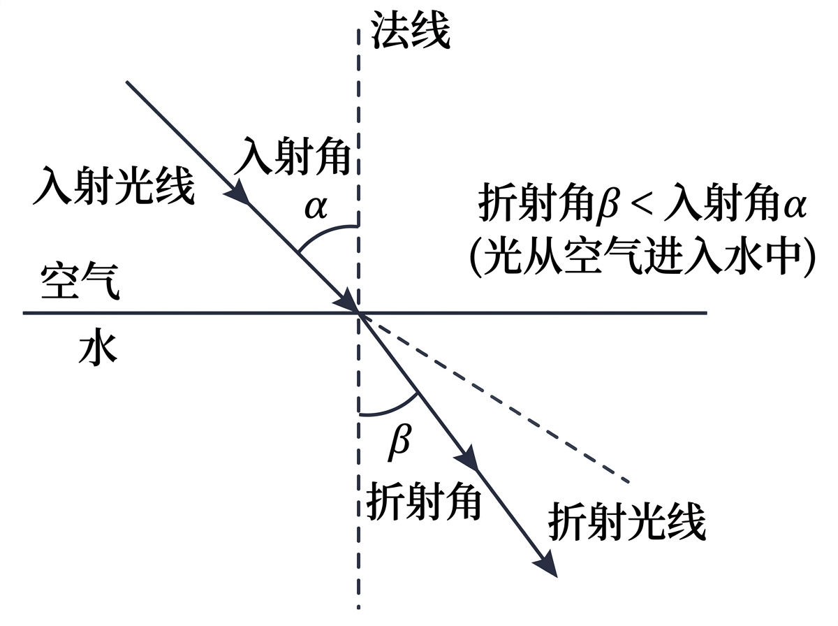 图中展示了一张关于物理光学折射原理的教学示意图。背景为纯白色，线条和文字均为深灰色或黑色。画面中央有一条水平实线，代表空气与水的交界面，上方标注为“空气”，下方标注为“水”。一条垂直的虚线穿过交界面，标注为“法线”。左上方有一条带箭头的实线斜向下射向交界面，称为“入射光线”，它与法线的夹角标注为入射角 α。光线进入水中后向法线方向偏折，形成“折射光线”，其与法线的夹角标注为折射角 β。右侧文字说明了“折射角 β < 入射角 α（光从空气进入水中）”。

在 AI 生成的细节方面，存在明显的逻辑和视觉缺陷：首先，入射光线上出现了两个箭头，且位置重叠显得杂乱；其次，折射光线下方多出了一条不明意义的斜向虚线，容易与光路混淆；此外，部分文字如“法线”和“入射角”的排版略显拥挤，且“折射角”文字下方的 β 符号位置偏移，未能准确对齐弧线标注。