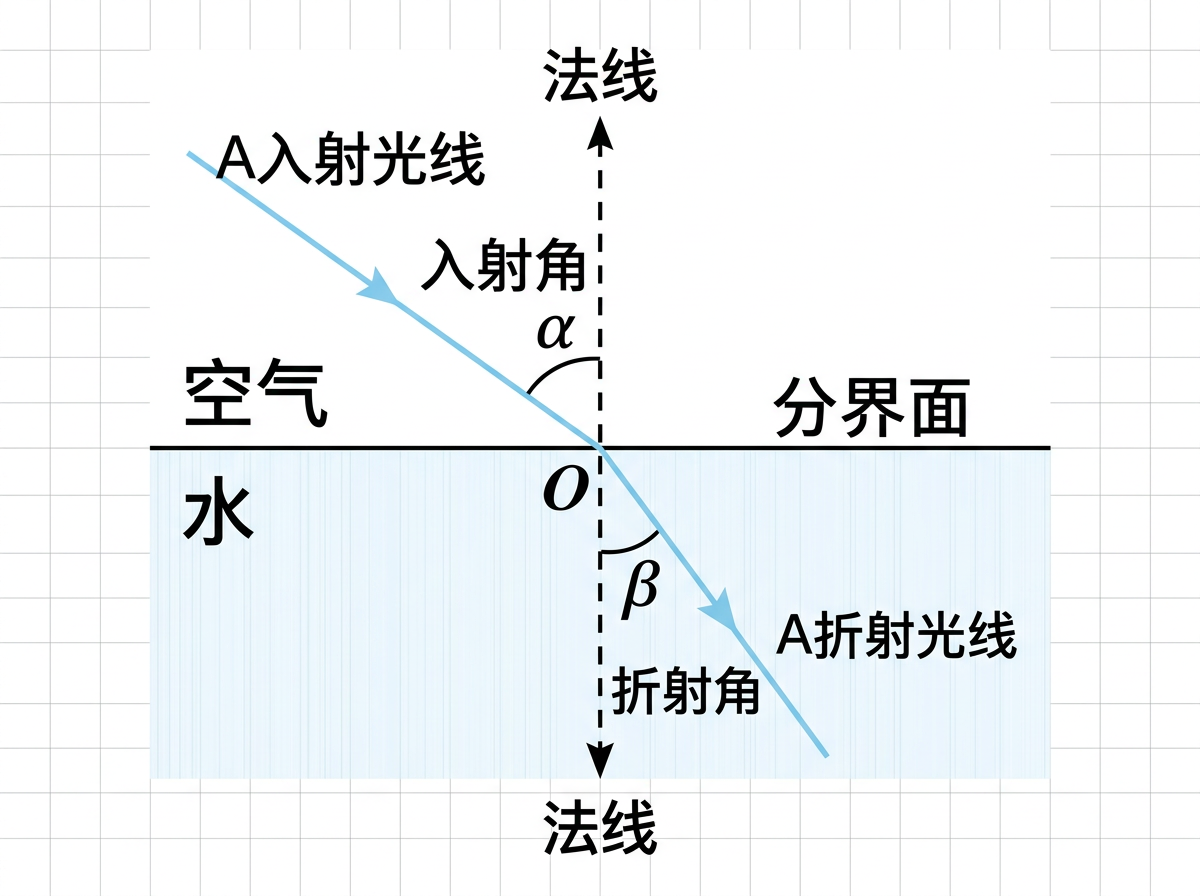 图中展示了一张关于光从空气射入水中的折射原理示意图。背景是淡灰色的方格纸纹理。画面中央有一条粗黑的水平线，标注为“分界面”，上方代表“空气”，下方浅蓝色区域代表“水”。一条淡蓝色的“入射光线”从左上方斜射向分界面的中心点 O，随后在水中向下偏折形成“折射光线”。垂直于分界面的黑色虚线被标注为“法线”。图中用希腊字母 α 标示了入射角，β 标示了折射角。

这张图片存在明显的 AI 生成缺陷：首先，文字排版非常混乱，部分标注如“A入射光线”和“A折射光线”中的字母 A 显得多余且位置生硬；其次，物理逻辑存在严重错误，画面中折射光线偏离法线的角度（折射角 β）看起来明显大于入射角 α，这违背了光从空气进入水中时折射角应小于入射角的物理定律；此外，法线的箭头指向和虚线连接处略显不自然，整体构图虽清晰但细节严谨性不足。