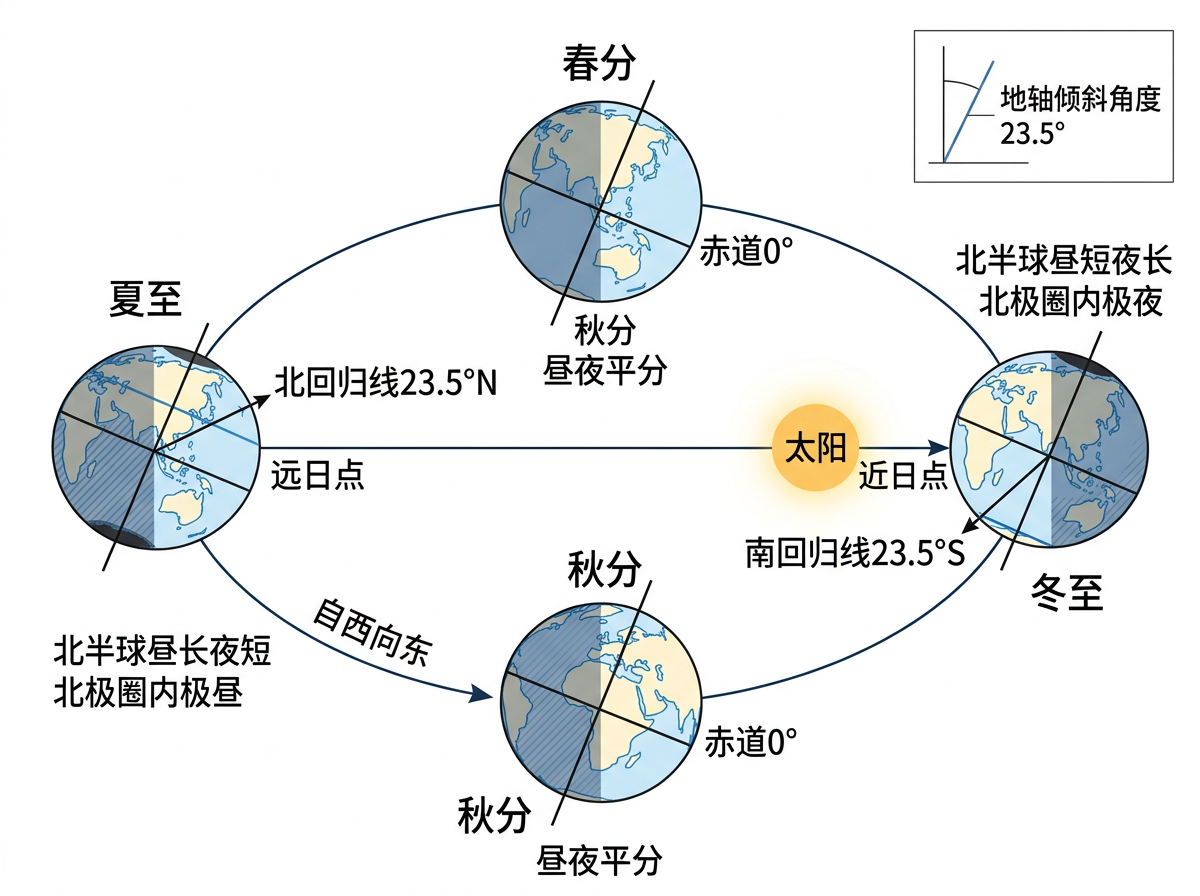 图中展示了一幅关于地球公转与四季形成的地理教学示意图。画面中心是一个发光的黄色太阳，四个地球模型分布在椭圆轨道的不同位置，分别代表春分、夏至、秋分和冬至。背景为纯白色，文字说明均为简体中文。每个地球都标注了地轴倾斜、赤道及南北回归线，并用阴影区分昼夜。右上角有一个小方框，解释了地轴倾斜角度为23.5度。

画面存在明显的 AI 生成缺陷和逻辑错误：首先，文字标注混乱，图中出现了两次“秋分”，其中上方本应为“春分”的位置被错误标注，且同一地球下方又重叠标注了“秋分”；其次，地理逻辑错误严重，夏至点被标注为“远日点”，冬至点被标注为“近日点”，这与实际天文情况不符；此外，地球上的陆地轮廓模糊且不准确，线条连接处存在断裂和重叠，部分文字与线条产生穿插，显示出 AI 在处理复杂逻辑图表时的局限性。