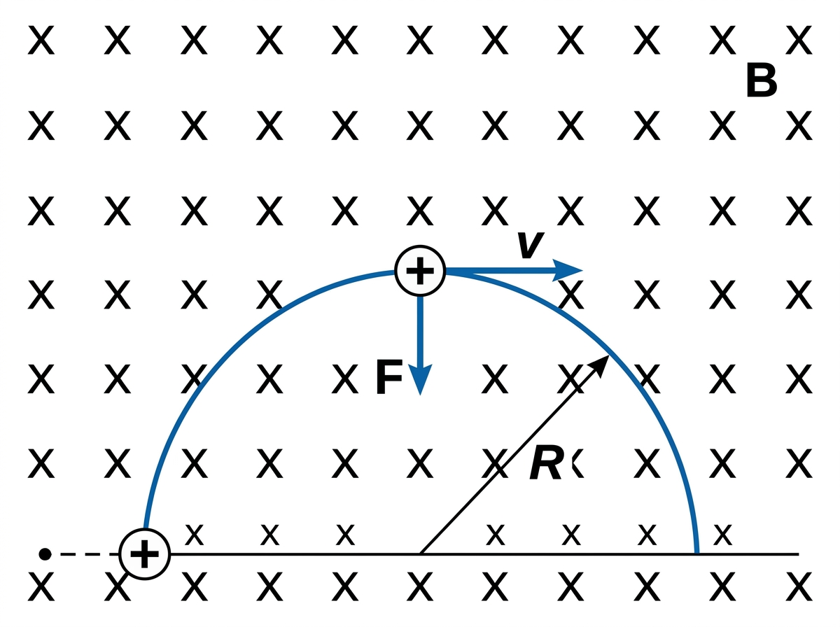 图中展示了一个关于带电粒子在磁场中运动的物理学原理示意图。背景由整齐排列的黑色“X”符号组成，代表垂直纸面向里的匀强磁场，右上角标有字母“B”。画面中心是一个带正电的粒子（圆圈内含加号），它正沿着一条蓝色的半圆形轨迹运动。在轨迹的最高点，有三个关键的矢量标注：向右的蓝色箭头代表速度“v”，向下的蓝色箭头代表洛伦兹力“F”，以及从圆心指向边缘的黑色箭头代表半径“R”。

从 AI 生成的角度来看，这张图片存在明显的逻辑和视觉缺陷。首先，根据物理学的左手定则，正电荷在向里的磁场中向右运动时，受到的洛伦兹力应当向上而非向下，图中的受力方向与物理定律相悖。其次，字母“R”右侧出现了模糊的残影和不完整的黑色色块，显示出字符生成的不稳定性。此外，底部的水平线与半圆轨迹的衔接处略显生硬，左侧起始点的虚线与实线连接也不够自然。