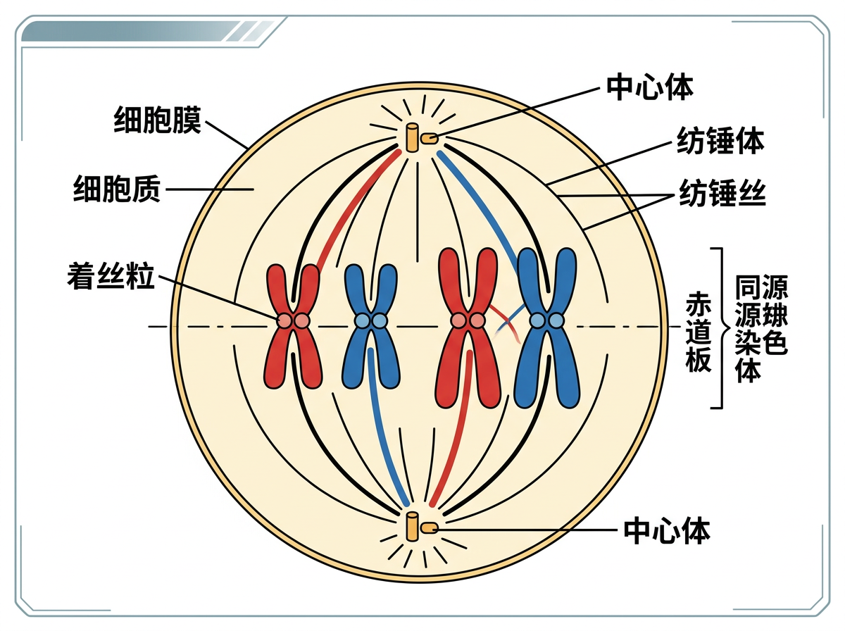 图中展示了一张生物细胞减数分裂过程的科学示意图，整体风格简洁，背景为淡黄色。画面中心是一个大圆圈，代表细胞膜，内部填充着细胞质。在细胞的上下两极各有一个黄色的中心体，并向中心延伸出多条黑色的纺锤丝。四对呈“X”型的染色体排列在细胞中央的赤道板位置，颜色分为红色和蓝色，代表同源染色体。画面四周带有详细的中文标注，如“细胞膜”、“中心体”、“纺锤丝”和“同源染色体”等。

在 AI 生成的细节方面，存在明显的逻辑和视觉缺陷：首先，右侧第三和第四个染色体之间出现了异常的线条交叉，且形状略显扭曲，不符合真实的生物结构。其次，文字标注虽然清晰，但部分线条指向不够精准，例如右侧“同源染色体”的括号范围与实际对应的染色体位置略有偏移。此外，纺锤丝的分布呈现出一种不自然的机械对称感，缺乏生物组织的随机性。