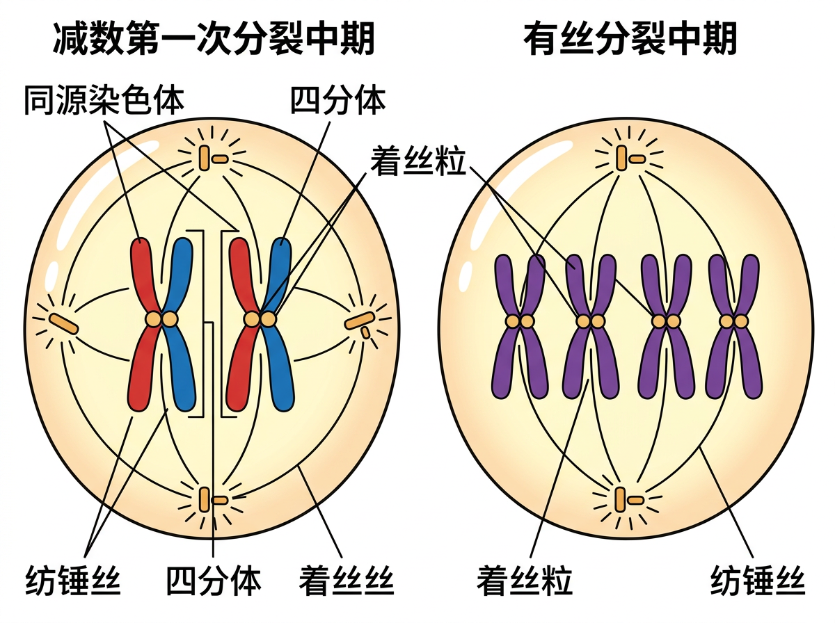 图中展示了两幅对比生物细胞分裂过程的示意图，背景为淡黄色圆形细胞，上方带有黑色简体中文标题。左侧图示为“减数第一次分裂中期”，画面中心有两对并排排列的同源染色体，分别由红色和蓝色组成，标注了“四分体”和“着丝粒”等术语。右侧图示为“有丝分裂中期”，四个紫色的染色体单排排列在赤道板上。两图均绘有从两极发出的放射状纺锤丝。作为一张 AI 生成的教学图示，画面中存在明显的文字和逻辑缺陷：底部标注出现了“着丝丝”这种错误的生物学术语，且左侧图中指向四分体的引线位置略显杂乱。此外，细胞边缘的阴影处理略显生硬，部分纺锤丝的线条与中心体的连接处不够自然，存在典型的 AI 绘图逻辑偏差。