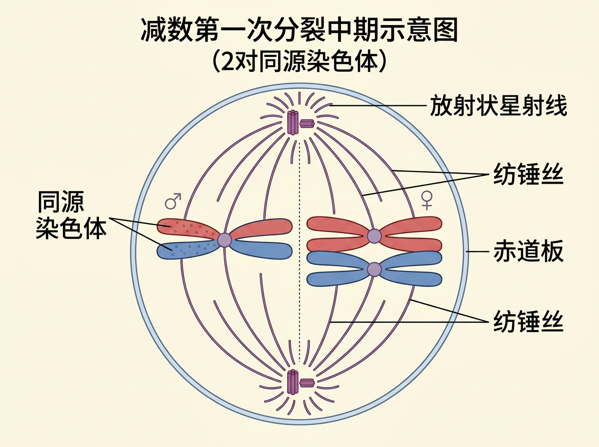 画面中展示了一张关于生物学“减数第一次分裂中期”的科学示意图。背景为淡米色，中央是一个代表细胞的圆形，内部绘有蓝红两色的同源染色体。画面上方有清晰的黑色标题，四周带有指向细胞结构的标注线，如“放射状星射线”、“纺锤丝”和“赤道板”等。细胞内部，两对同源染色体排列在中央赤道板位置，紫色线条代表纺锤丝连接着两极的中心体。

作为一张 AI 生成的图片，画面存在明显的逻辑和绘图缺陷：首先，文字标注存在严重误导，右侧标注的“赤道板”实际指向的是细胞膜边缘，而非细胞中央的虚拟平面；其次，左侧的一对染色体形状异常，呈现出不对称的交叉状，且其中一个染色体单体出现了红蓝混色的像素点，不符合常规示意图的清晰度；此外，画面中出现的男性（♂）和女性（♀）符号位置随意，并未准确对应生物学上的来源含义。整体构图虽然模仿了教科书风格，但在科学准确性和线条严谨度上存在 AI 生成特有的随意感。