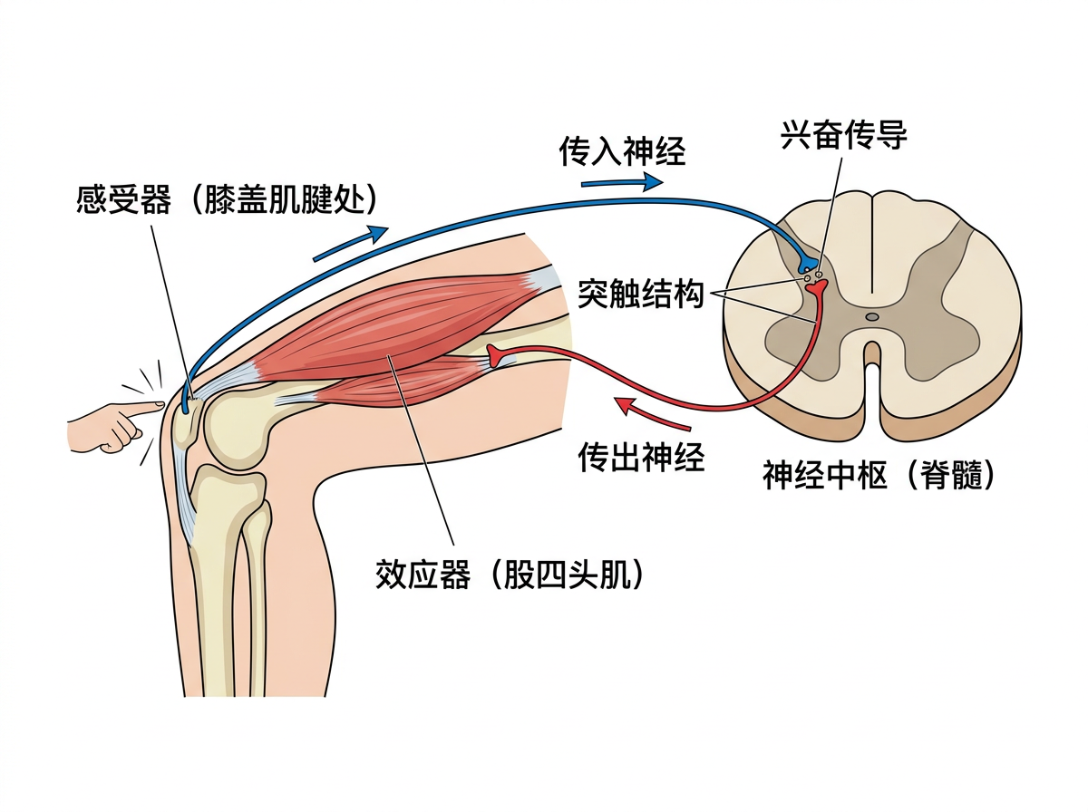 图中展示了一幅关于人体膝跳反射神经传导路径的医学科普插图。画面左侧是一个弯曲的人类膝关节解剖图，一只手正指向膝盖肌腱处的感受器。画面右侧是一个圆形的脊髓横切面，作为神经中枢。蓝色线条代表传入神经，从膝盖连接至脊髓；红色线条代表传出神经，从脊髓连回大腿的股四头肌（效应器）。图中配有清晰的中文标注，如“突触结构”、“兴奋传导”等。整张图片采用简洁的矢量绘图风格，色彩分明。在 AI 生成的细节方面，存在明显的逻辑缺陷：左侧敲击膝盖的手部只有四根手指，且手指形状略显僵硬，比例不自然；此外，脊髓横切面的内部灰质形状（蝴蝶形）左右并不完全对称，线条略有抖动，但整体上仍能清晰表达生物学原理。