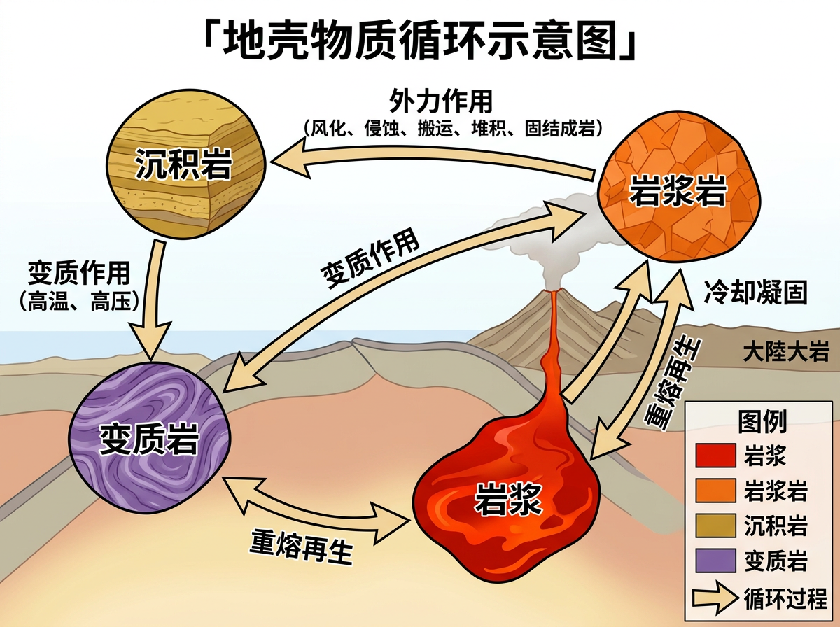 图中展示了一张关于“地壳物质循环”的科普示意图。背景是简化的地质剖面，包含一座正在喷发的火山和起伏的地表。画面中有四个圆形图标，分别代表岩石圈循环的四个阶段：左上方是土黄色、具层理结构的“沉积岩”；左下方是紫色、具波浪纹理的“变质岩”；右上方是橙红色、具裂纹质感的“岩浆岩”；右下方则是红橙色、呈液态流动的“岩浆”。各图标之间由淡黄色的箭头连接，并标注了“外力作用”、“变质作用”、“重熔再生”和“冷却凝固”等科学术语。右下角设有图例框。

作为一张 AI 生成的图片，画面存在明显的逻辑和文字缺陷：背景右侧出现了意义不明的词组“大陆大岩”；部分箭头指向模糊，例如从岩浆岩指向变质岩的箭头末端与背景山体重叠，缺乏明确的落点；图例中的“岩浆岩”颜色与大圆圈中的色调略有偏差；火山喷出的烟雾与背景线条衔接生硬，透视关系略显平面化。