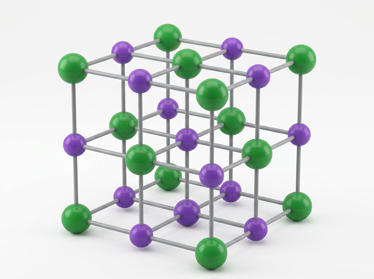 图中展示了一个在纯白色背景下的立方体分子结构模型，模拟了类似氯化钠晶体的点阵排列。画面中心是一个由 27 个圆球组成的 3x3x3 立方阵列，圆球分为绿色和紫色两种，表面带有平滑的质感和微弱的反光。这些圆球通过灰色的细杆相互连接，形成网格状结构。构图简洁，光影柔和，呈现出一种三维渲染的科学模型风格。然而，画面中存在明显的 AI 生成缺陷：在几何逻辑上，连接杆的排列非常混乱，许多本应平行的横杆出现了倾斜、断裂或重叠，部分圆球之间的连接点位置偏移，未能形成严谨的正方体网格。此外，紫色和绿色球体的分布也缺乏规律性，部分区域的连接杆甚至凭空消失或在不该交汇的地方穿插，导致整体透视关系在视觉上显得扭曲且不协调。