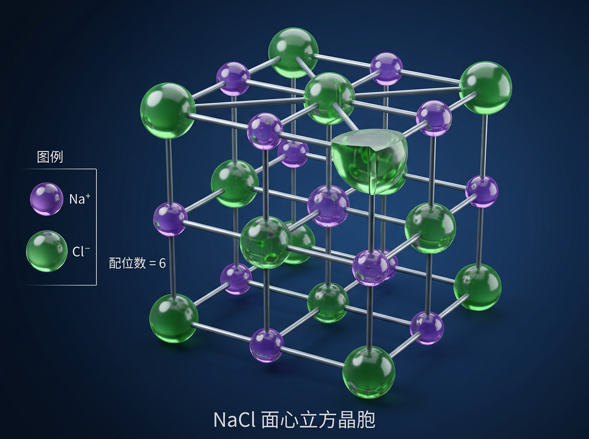 画面中展示了一个氯化钠（NaCl）面心立方晶胞的 3D 科学模型，背景为深蓝色。模型由紫色和绿色的透明球体组成，分别代表钠离子和氯离子，球体之间由灰色的细杆连接。左侧附有图例说明，紫色球体标注为 Na⁺，绿色球体标注为 Cl⁻，并注有“配位数=6”的文字。底部中心位置写有“NaCl 面心立方晶胞”的标题。

作为 AI 生成的图像，画面存在明显的科学逻辑和结构缺陷：首先，晶体结构混乱，球体与连线的排布不符合真实的立方体几何规律，许多连线穿插位置错误，导致整体透视扭曲。其次，图中一个绿色球体呈现被切开的碗状，内部结构缺失，且其位置并不符合面心或顶点的分布逻辑。此外，文字虽然清晰，但图像中的离子交替排列规律完全错误，无法准确表达真实的化学晶体结构。