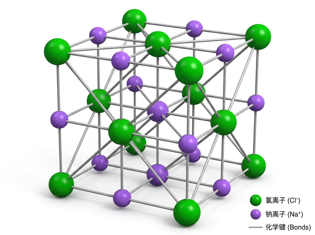 图中展示了一个试图表现氯化钠（食盐）晶体结构的 3D 模型，背景为纯白色。画面主体是一个由绿色大圆球和紫色小圆球组成的立方框架，圆球之间由灰色的细杆连接。右下角设有图例，标注绿色代表氯离子，紫色代表钠离子，灰色连线代表化学键。整体色调鲜艳，光影效果呈现出一定的立体感。

然而，作为 AI 生成的图片，该模型存在严重的科学逻辑错误和结构缺陷。在真实的氯化钠晶体中，离子应呈规则的面心立方排列，每个离子周围应有六个异性离子。但画面中的连线极其混乱，出现了大量交叉的斜线，导致结构看起来更像是一团乱麻而非严谨的晶格。部分圆球悬浮在半空，连线没有准确对准圆心，甚至有些线条在空间中凭空消失或重叠。此外，图例中的文字虽然清晰，但其描述的结构与模型实际呈现的混乱布局完全不符。
