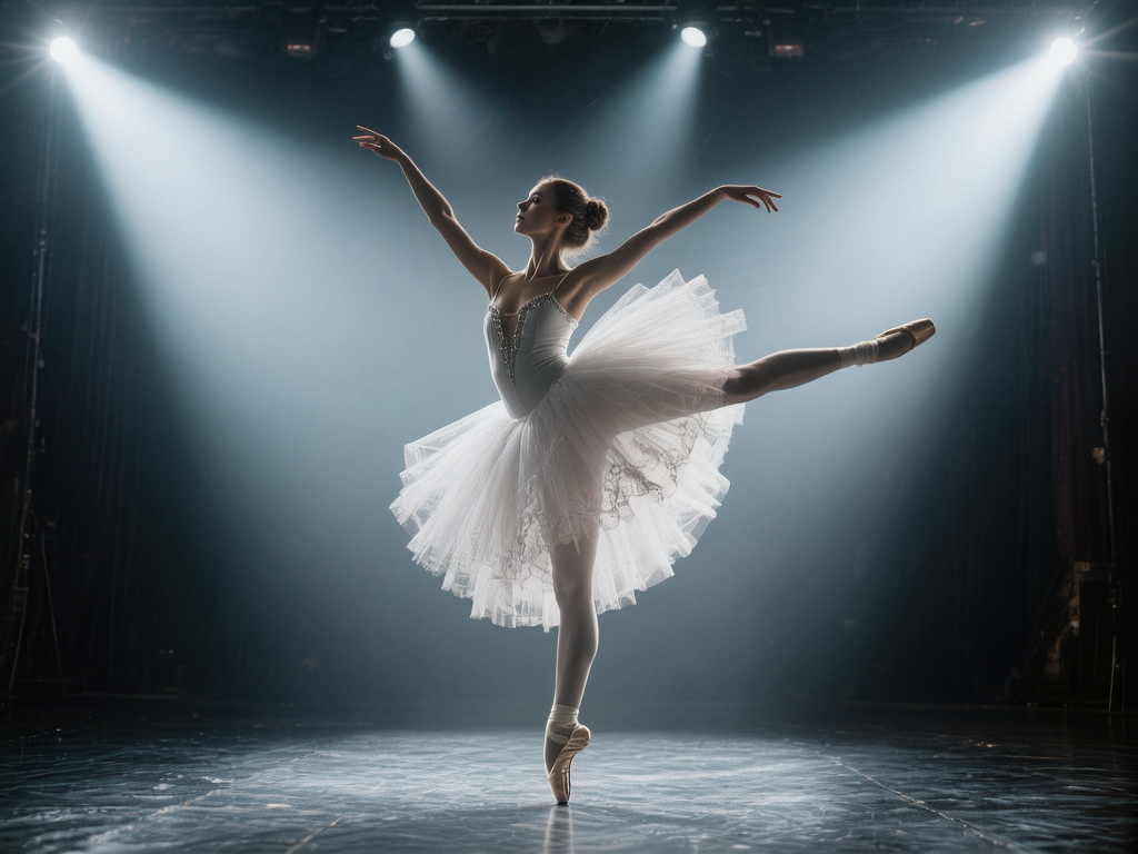 图中展示了一位芭蕾舞女演员在舞台中央翩翩起舞的瞬间。她身穿一件精致的白色芭蕾舞裙，裙摆由多层轻盈的蕾丝和薄纱组成，上半身点缀着细小的亮钻。她正做出优雅的阿拉贝斯克（Arabesque）舞姿：单脚尖着地支撑全身，另一条腿向后平平抬起，双臂自然向两侧舒展。舞台背景深邃昏暗，四束强烈的白色聚光灯从上方打向舞台中心，营造出神圣且充满戏剧感的氛围，地面映照出微弱的倒影。

然而，画面中存在明显的 AI 生成缺陷。最突出的问题在于舞者的手部：她举起的右手手指线条混乱，出现了多余且扭曲的指节，看起来像是有六根以上的手指交织在一起；左手的手指也显得过于细长且结构模糊。此外，她支撑地面的右脚足尖鞋与地面的接触点透视略显生硬，且后方抬起的那条腿与身体的连接处在视觉上有些许不自然。尽管光影效果极佳，但这些肢体细节的失真揭示了其 AI 生成的本质。
