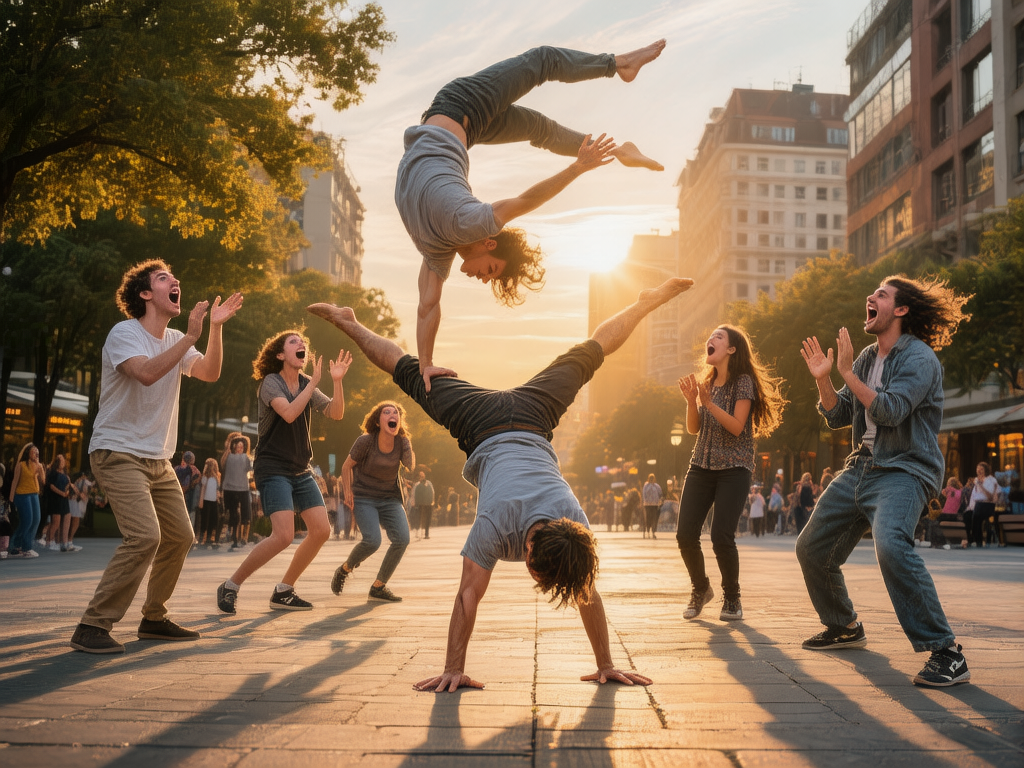 画面中呈现了一群年轻人在落日余晖下的城市广场进行特技表演的场景。中心位置是两名男子叠罗汉式的倒立动作：下方男子双手撑地，双腿向上张开，上方男子则单手支撑在下方男子的脚踝上，身体在空中蜷缩。周围环绕着五名神情激动、大声欢呼并鼓掌的观众。背景是欧洲风格的街道建筑和茂密的绿树，金色的阳光从建筑缝隙中射出，营造出一种充满活力的氛围。

然而，图中存在多处明显的 AI 生成缺陷。最显著的是物理逻辑错误：上方表演者的手部仅仅虚触在下方表演者的腿侧，完全没有支撑点却能悬浮在空中。此外，人物肢体细节严重变形，例如左侧欢呼男子的右手掌呈现出扭曲的蹼状，右侧男子的手指数量异常且长短不一。中间倒立者的腿部线条生硬，脚趾模糊不清。背景中远处的行人群体也出现了身体重叠和面部扭曲的现象，整体透视关系在精细度上略显失真。