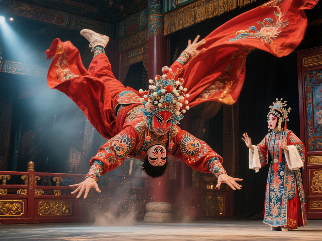 图中展示了一个极具动感的京剧表演场景。画面中心是一名身穿大红色刺绣戏服、头戴精美冠饰的武生，他正以一种惊险的姿态在空中翻腾，身体几乎与地面平行，红色的披风如羽翼般向后飞扬。背景是古色古香的木质戏台，左侧有光束射入，右侧站立着一位身着蓝红相间戏服、画着精致妆容的旦角。整幅画面色彩浓烈，以红、金、蓝为主，充满了戏剧张力。

然而，画面中存在明显的 AI 生成缺陷：最显著的是腾空武生的头部出现了严重的逻辑错误，他在原本脸部的位置下方，竟然又长出了一个倒置的、画着脸谱的头部，形成“双头”畸形。此外，武生的左脚穿着一只现代风格的白色运动鞋，与整体古装极不协调。人物的手部也存在异常，武生伸出的手指数量和关节结构模糊不清，旦角的右手手指也显得扭曲且比例失调。背景的建筑细节在光影交汇处略显虚化，缺乏真实的透视深度。