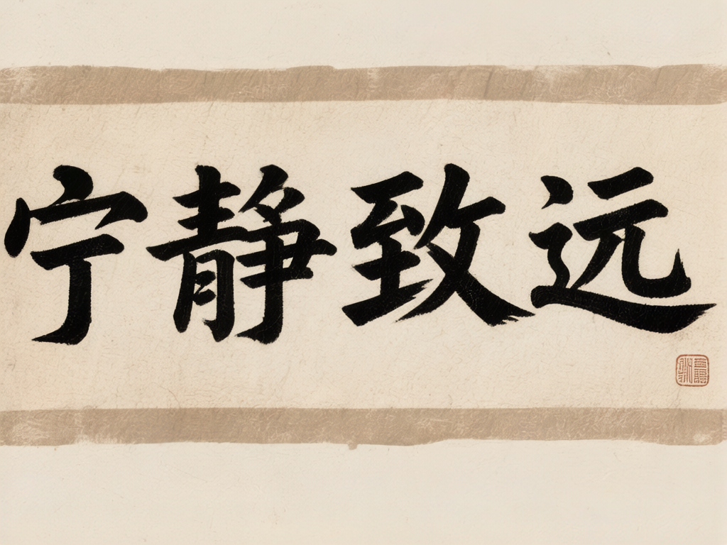 图中展示了一幅横向构图的中国书法作品，背景是带有纤维质感的米白色宣纸，上下边缘有浅褐色的装裱边框。画面中心是用黑色墨汁书写的四个简体汉字“宁静致远”，字体风格介于楷书与行书之间，笔触厚重，带有明显的毛笔书写感。在右下角有一个红色的方形印章，为画面增添了传统艺术气息。然而，作为 AI 生成的图像，画面存在明显的逻辑缺陷：首先，四个汉字的结构均有不同程度的扭曲和笔画缺失，例如“宁”字上方的宝盖头变形，“静”字的左半部分笔画杂乱，“致”和“远”字的结构也显得生硬且不符合书法规范。此外，右下角的红色印章纹路模糊，无法辨认具体的篆刻文字，且上下两道褐色边框的质感与边缘处理显得不够自然，缺乏真实装裱的层次感。