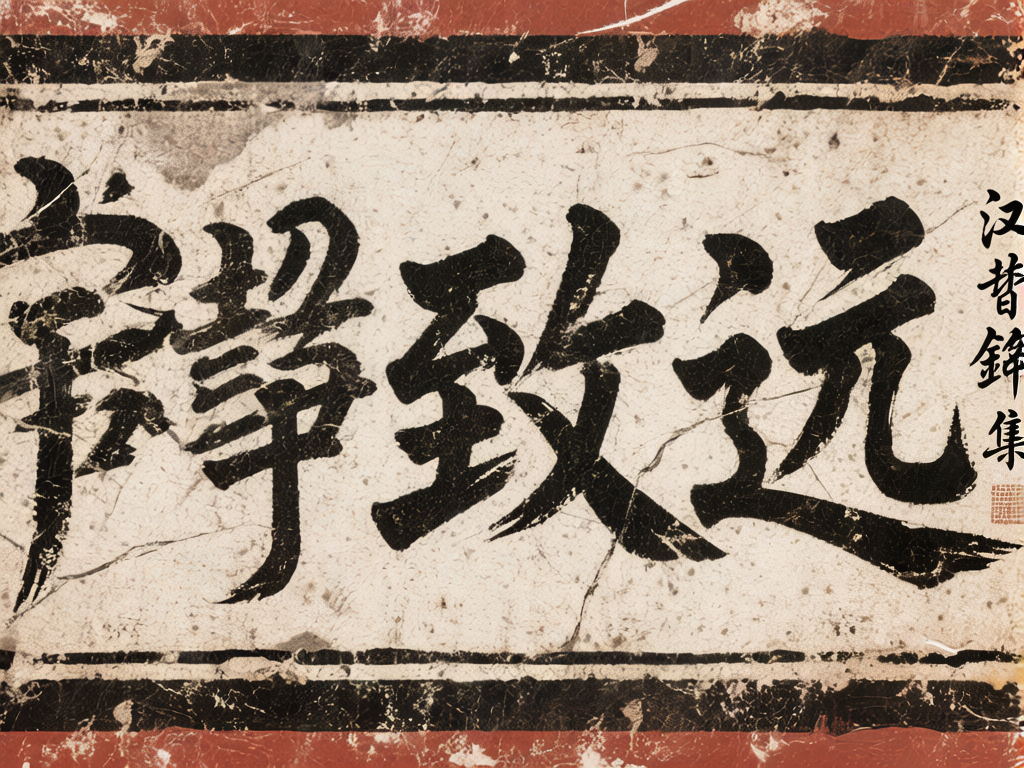 图中展示了一幅模仿中国传统书法横幅的艺术作品。画面整体呈现出古旧、斑驳的质感，背景是带有裂纹和污渍的米白色宣纸色调，上下边缘有粗糙的黑色与暗红色边框。画面中央横排书写着四个黑色大字，试图模仿「宁静致远」的意境。右侧有一列较小的落款文字和一枚红色的方形印章。构图平衡，色彩以黑、白、红、褐为主，营造出一种沧桑的历史感。

然而，作为 AI 生成的图片，画面存在明显的文字逻辑缺陷：中间的四个大字并非真实的汉字，而是由类似汉字笔画构成的「伪汉字」，结构混乱，无法辨认。右侧的落款文字同样是无意义的笔画堆砌，印章内的纹路也模糊不清，缺乏真实篆刻的细节。此外，纸张上的裂纹分布过于均匀且生硬，部分笔画的边缘出现了不自然的断裂与重叠，体现了 AI 在处理复杂文字结构和传统书法笔触时的局限性。