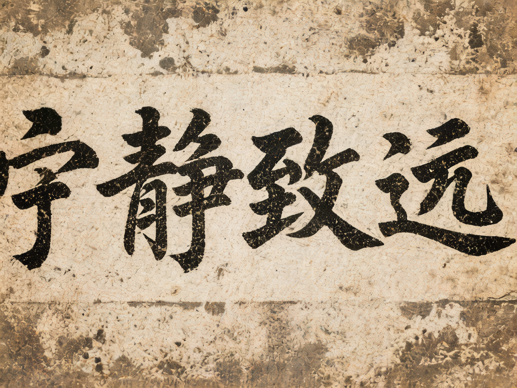 图中展示了一幅模拟中国传统书法作品的画面。背景呈现出一种古旧、斑驳的米黄色宣纸质感，上下边缘带有深褐色的污渍和磨损痕迹，营造出一种历史沧桑感。画面中央横向排列着四个黑色的大字，风格接近行草书体。从右向左（或左向右辨认）意图表达“宁静致远”这一成语。

然而，作为一张 AI 生成的图片，画面中存在明显的文字结构缺陷：最左侧的“宁”字缺少了上半部分的宝盖头，且左侧边缘有残缺；第二个“静”字的左半部分笔画杂乱，结构扭曲；第三个“致”字的右半部分“攵”变形严重，笔画交织不清；最右侧的“远”字虽然轮廓尚可，但内部的“元”部构造也显得模糊且不符合常规书法逻辑。整体字迹虽然墨色浓郁，但笔触缺乏真实的运笔力度与连贯性，是典型的 AI 模拟汉字失误。