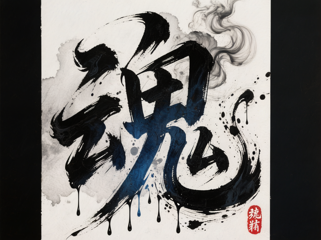 图中展示了一幅极具视觉冲击力的水墨书法作品。画面中心是一个巨大的、风格化处理的汉字“魂”，采用黑色墨迹书写，并带有深蓝色的渐变效果。字体的笔触苍劲有力，带有明显的飞白和泼墨感，底部有墨水向下滴落的痕迹，右上方则升腾起如烟雾般的淡灰色墨韵，营造出一种灵动且略显诡谲的氛围。背景为纯净的米白色纸张纹理，左右两侧边缘有黑色的留白。右下角盖有一枚红色的艺术印章。

作为 AI 生成的图像，画面存在明显的逻辑缺陷：首先，中心文字“魂”的结构并不标准，左侧的“云”部与右侧的“鬼”部交织方式杂乱，不符合传统书法的间架结构；其次，右下角红色印章内的文字为随机生成的乱码，并非真实的汉字，笔画扭曲且无法辨认；此外，墨迹的滴落方向过于垂直且均匀，缺乏自然流淌的随机性，烟雾部分的线条也显得过于细腻规律，带有明显的数字合成痕迹。