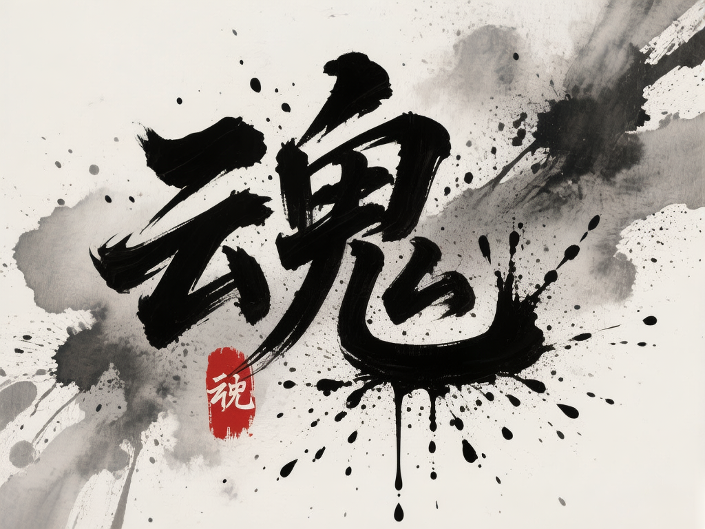 图中展示了一幅极具视觉冲击力的水墨书法作品，背景为纯净的米白色。画面中心是一个巨大的黑色毛笔字，其结构融合了“魂”字的意向，笔触苍劲有力，带有明显的飞白效果和喷溅的墨点，展现出一种狂放不羁的艺术感。文字下方有一块鲜红色的印章区域，上面印有白色的书法小字。背景中点缀着淡灰色的水墨晕染，如同远山的残影或飘散的烟雾，增加了画面的层次感。然而，作为 AI 生成的图像，画面存在明显的文字逻辑缺陷：中心的大字并非标准的汉字，而是将“云”字偏旁与“鬼”字部首进行了错误的拼凑，结构显得生硬且不合常理；左下角红色印章内的文字也模糊不清，无法辨认出具体的汉字形体，属于典型的 AI 字符生成错误。