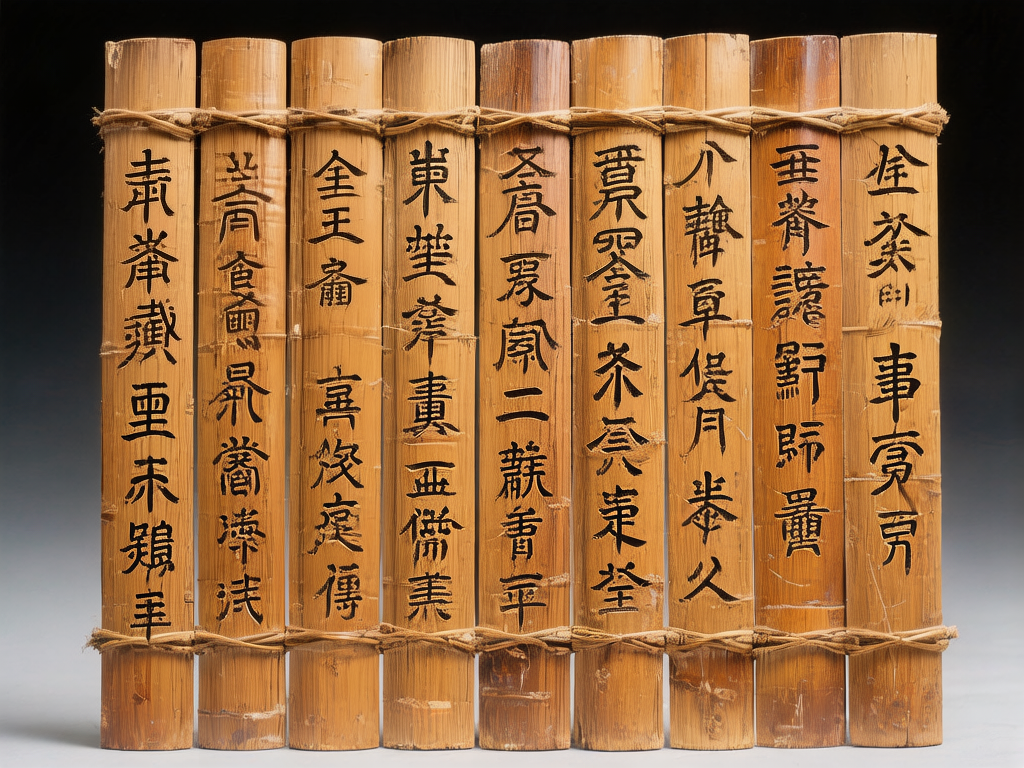 图中展示了一件仿古风格的竹简。九枚粗细均匀、色泽枯黄的圆柱状竹片并排排列，上下两端由粗糙的麻绳缠绕编缀。竹简表面刻有黑色的文字，字体风格介于隶书与篆书之间，笔画苍劲，呈现出一种古朴的历史感。背景为简洁的灰黑色渐变，光线从上方照射，使竹管的圆润质感和纤维纹理清晰可见。

然而，画面中存在明显的 AI 生成缺陷。最显著的是文字错误，竹简上的字符并非真实的汉字，而是由各种偏旁部首随机组合而成的「伪汉字」，无法解读且结构逻辑混乱。此外，竹简的物理结构也存在异常：麻绳在穿过竹片时缺乏合理的穿插逻辑，部分绳结显得模糊且不连贯；竹片的边缘过于整齐，缺乏自然竹材的细微形变，整体呈现出一种数字合成的生硬感。