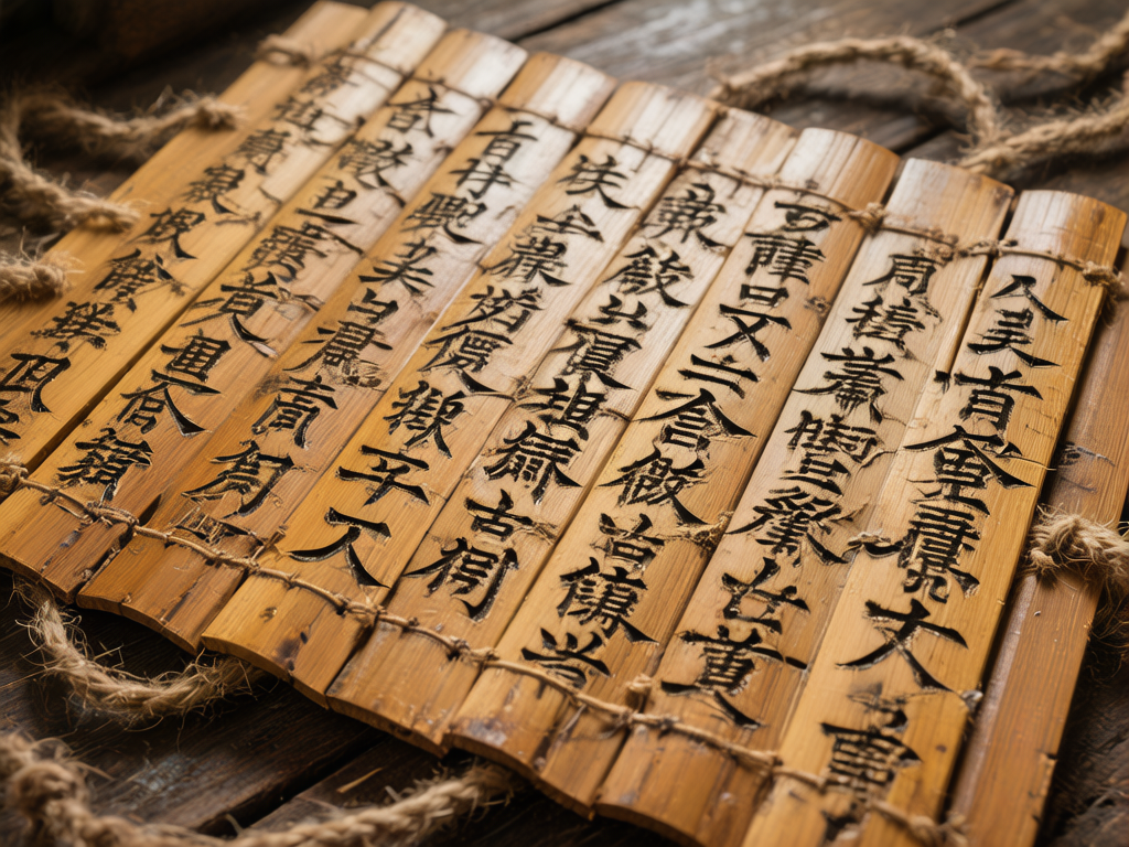 图中展示了一卷仿古风格的竹简，斜铺在深色的木质桌面上。竹简由多条浅褐色的竹片组成，表面刻有黑色的繁体文字，竹片之间通过粗糙的麻绳编织连接。画面色调偏暖，光线从右上方照射，营造出一种古朴的历史感。构图采用对角线分布，前景清晰，背景逐渐模糊。然而，作为 AI 生成的图片，画面存在明显的逻辑错误：竹简上的文字虽然看起来像汉字，但实际上是无法辨认的伪字符，结构混乱且无实际意义；连接竹片的麻绳在穿插逻辑上非常模糊，部分绳结直接消失在竹片内部或呈现断裂状；此外，竹片的边缘厚度不一，部分文字的刻痕深度与透视关系也显得不够自然。