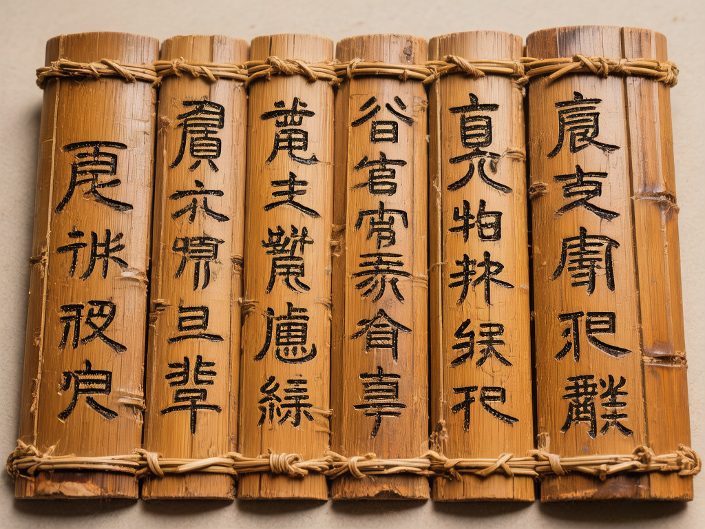 画面中展示了六枚并排排列的仿古竹简。这些竹简呈现出深浅不一的古铜色和土黄色，表面带有自然的竹节纹理和细微的裂痕，上下两端由粗糙的麻绳编织缠绕连接。每枚竹简上都刻有黑色的文字，模拟中国古代的隶书或篆书风格。构图采用正面俯视视角，背景为纯净的浅灰色，突显了竹简的质感。然而，画面存在明显的 AI 生成缺陷：竹简上的文字虽然看起来像汉字，但实际上全是无法辨认的“伪汉字”，笔画结构杂乱且不符合任何真实的语言逻辑；此外，连接竹简的麻绳在细节处显得模糊且逻辑混乱，部分绳结的缠绕方式不符合物理常识，竹简的边缘切割也略显生硬，缺乏真实文物的自然磨损感。