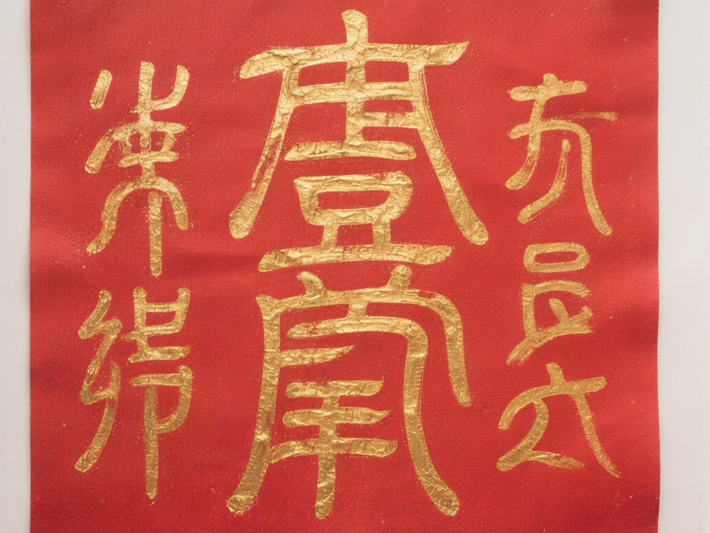 图中展示了一张具有中国传统风格的红色方形纸张，背景呈现出鲜艳的朱红色，质感略显粗糙，仿佛是手绘的宣纸。画面中心和两侧分布着大面积的金色字体，色泽明亮，带有金属箔片的质感。构图上采用了类似春联或斗方的布局，中间是一个巨大的组合字符，左右两侧各排列着两个较小的字符。然而，这张图片存在明显的 AI 生成缺陷：画面中的所有文字均不是真实的汉字，而是由类似汉字笔画随机组合而成的虚假符号。这些字符虽然模仿了书法中篆书或隶书的韵味，但结构混乱，无法辨认出任何具体的含义。金色的笔触边缘也显得不够自然，部分地方出现了断裂或模糊的现象，是典型的 AI 模拟书法时产生的逻辑错误。