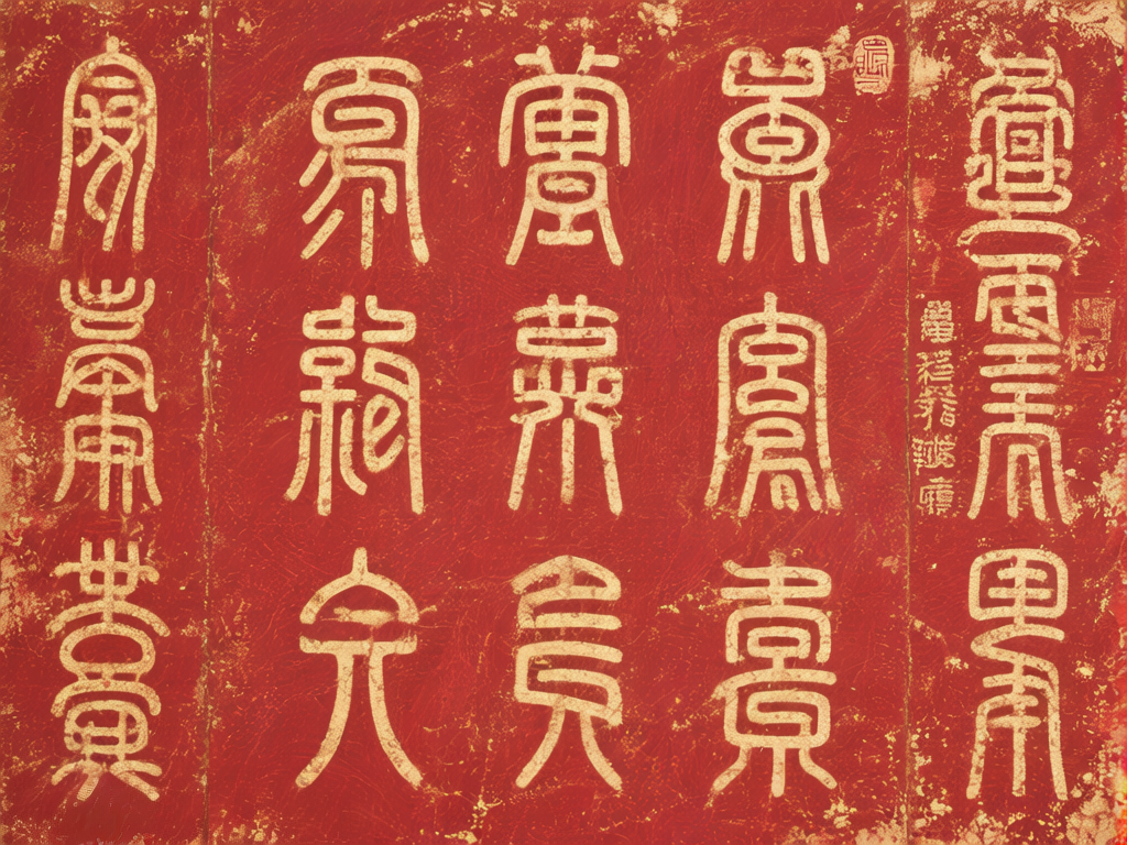 图中展示了一幅模仿中国传统艺术风格的红色书法作品。背景呈现出鲜艳且带有斑驳质感的朱红色，仿佛是涂抹在粗糙木板或宣纸上的颜料，边缘伴有金色的碎屑装饰。画面主体由五列金色的篆书风格字符组成，构图整齐，左右两侧有明显的垂直分割线。这些字符线条圆润，带有古朴的韵味，右上角和右侧中部还点缀着类似印章的红色方形图案。然而，作为 AI 生成的图像，画面存在明显的逻辑缺陷：虽然这些字符在视觉上酷似中国篆书，但它们并非真实的汉字，而是由各种笔画随机组合而成的伪文字，无法进行实际阅读。此外，右侧的小字和印章纹样也显得模糊且结构混乱，缺乏真实书法作品中的严谨性与连贯性。