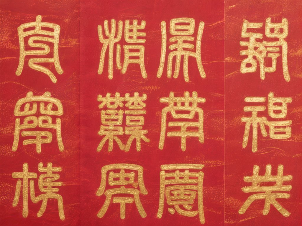 图中展示了一幅模拟中国传统书法风格的艺术作品。背景是鲜艳的大红色，带有类似宣纸或丝绸的纹理感，其间隐约可见金色的斑驳底纹。画面中心排列着三列金色的字体，笔触厚重且带有浮雕般的质感，模仿了篆书或隶书的古朴结构。然而，从 AI 生成的角度来看，画面存在明显的逻辑错误：这些字体虽然看起来像汉字，但实际上全是无法辨认的“伪汉字”，笔画结构杂乱无章，没有任何实际含义。构图上，文字的排列略显拥挤，左右边缘的文字被生硬地切断，且中间的垂直折痕暗示这可能是由三张纸拼接而成的视觉效果，但衔接处略显生硬。整体色调喜庆，但文字内容的缺失使其仅具备装饰性，而非真实的文字记录。