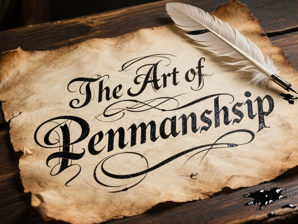 图中展示了一张充满复古质感的羊皮纸，平铺在深色的木质桌面上。纸张边缘呈现出不规则的焦灼感和磨损痕迹，色调以古朴的淡黄色和棕褐色为主。纸上用黑色的花体书法书写着英文“The Art of Penmanship”（书法艺术），字体线条流畅且带有华丽的装饰性曲线。在纸张的右上角，斜放着一支白色的羽毛笔，笔尖带有金属质感，旁边还有几点散落的黑色墨滴。整体构图采用斜向视角，光影柔和，营造出一种古典书写的氛围。然而，画面中存在明显的 AI 生成缺陷：单词“Penmanship”拼写错误，多出了一个字母“s”，变成了“Penmanshsip”；此外，羽毛笔的笔尖结构模糊，与羽毛连接处显得不够自然，纸面上的装饰性线条在交叉处也出现了逻辑混乱的重叠。