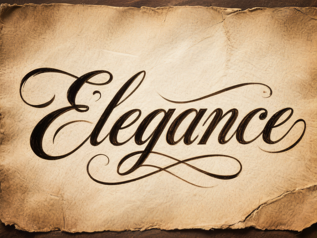图中展示了一张具有复古质感的羊皮纸，纸张呈现出温暖的古铜色和浅褐色，边缘带有自然的破损、褶皱和磨损痕迹，营造出一种历史悠久的氛围。画面中心是用黑色墨水书写的英文单词“Elegance”，字体采用了华丽的铜版体书法，线条流畅且富有粗细变化，带有大量的花式装饰曲线。构图简洁居中，光影从左上方投射，使纸张的纹理显得凹凸有致。在 AI 生成的细节方面，虽然文字拼写正确，但可以观察到字母“g”下方的装饰环绕曲线与字母“a”的底部连接处显得有些生硬，线条的重叠逻辑略显不自然；此外，纸张右上角的破损边缘纹理过于整齐，缺乏真实纸张撕裂时的纤维感。整体而言，这幅作品成功传达了优雅与古典的视觉美感。