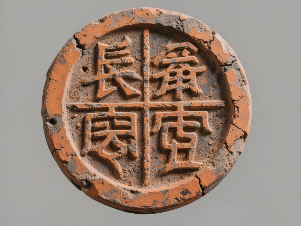 图中展示了一个仿古风格的圆形瓦当或陶制印章，放置在纯净的灰色背景中央。该物体呈现出红褐色的陶土质感，表面布满了斑驳的泥土痕迹、细小的裂纹和磨损的坑洞，营造出一种历经沧桑的考古出土文物感。圆盘中心被一个十字形凸起划分为四个区域，每个区域内各有一个浮雕风格的汉字。然而，画面存在明显的 AI 生成缺陷：虽然左上角的“长”字较为清晰，但其余三个字形结构混乱，笔画扭曲且不符合真实的汉字法度，属于无法辨认的“伪文字”。此外，圆盘边缘的裂纹分布显得有些刻意，十字分割线的交汇处也略显生硬，缺乏真实古物自然风化的随机感。整体构图居中，光影柔和，试图模拟博物馆文物的摄影效果。