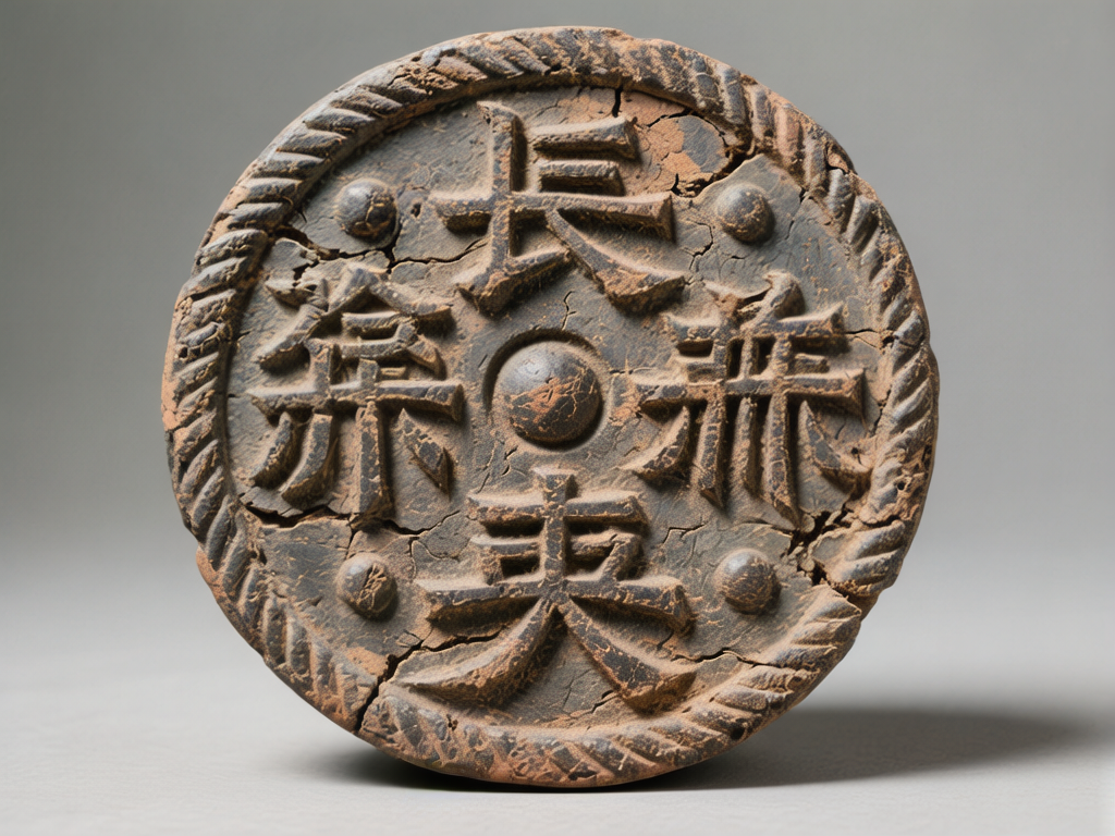 图中展示了一个仿古风格的圆形瓦当或陶质圆盘，整体呈现深灰褐色，表面布满了干裂的纹路和泥土残留的质感，仿佛一件出土文物。圆盘的边缘装饰有一圈粗糙的绳纹边框，中心是一个凸起的圆球，四周环绕着四个凸起的汉字。背景为纯净的浅灰色，光线从右侧照射，使物体在左侧投射出柔和的阴影。然而，作为 AI 生成的图像，画面存在明显的逻辑缺陷：圆盘上的四个汉字并非真实的文字，而是由杂乱的笔画堆砌而成的“伪汉字”，虽然形态上模仿了隶书或篆书的古朴感，但完全无法辨认和解读。此外，圆盘表面的裂纹分布过于均匀且生硬，边缘的绳纹在衔接处也显得不够自然，缺乏真实古物应有的随机磨损痕迹。