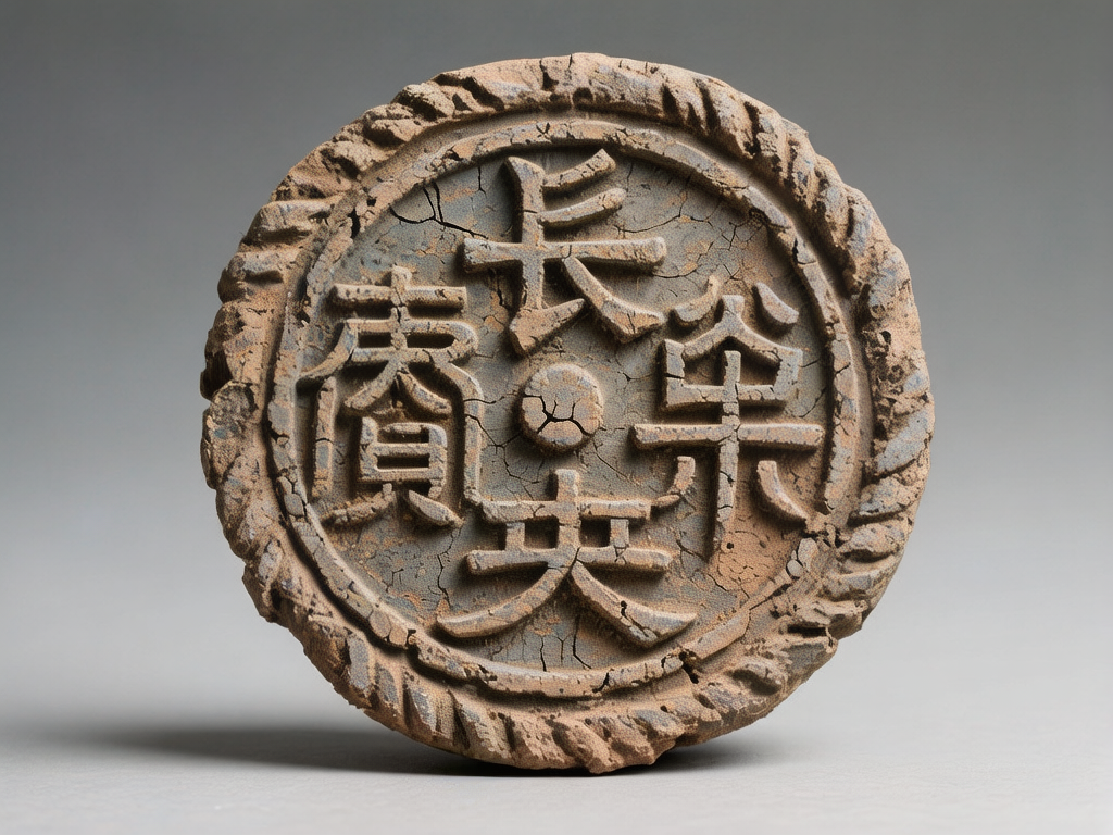 图中展示了一个圆形的仿古陶制瓦当或钱币模型，放置在纯净的浅灰色背景中。该物体呈现出古朴的灰褐色，表面布满了细密的干裂纹理和泥土质感，边缘装饰有粗糙的绳纹或齿状花纹。圆盘中心有四个凸起的仿汉字字符，环绕着中心的一个小圆点排列。这些字符虽然在笔画和结构上模仿了中国古代的篆书或隶书，但实际上是 AI 生成的错误文字，无法辨认出具体的含义，部分笔画连接处显得生硬且不符合书法逻辑。光线从左上方射入，在物体右侧投下了柔和的阴影，增强了立体感。画面的 AI 缺陷主要体现在文字的逻辑性缺失，以及边缘绳纹在某些角度的透视衔接不够自然，呈现出一种人工合成的陈旧感。