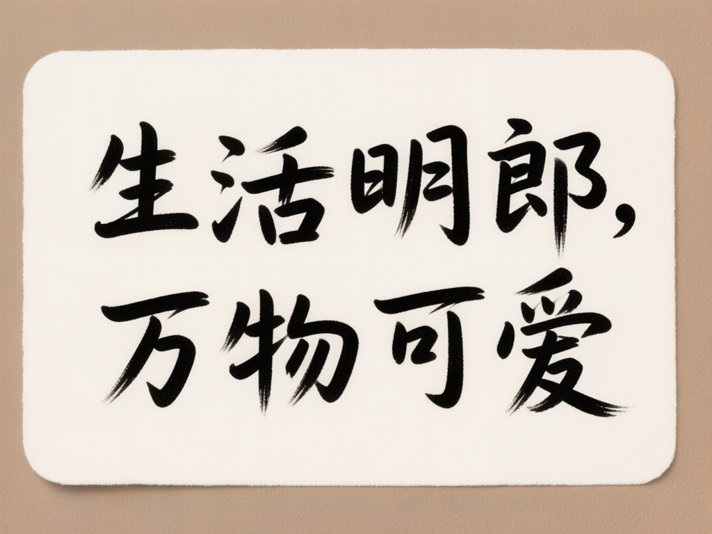 图中展示了一张米白色的圆角矩形卡片，平铺在浅棕色的背景基调上，构图简洁大方。卡片中心书写着两行黑色的毛笔书法字体，内容为“生活明朗，万物可爱”。字体风格苍劲有力，带有明显的枯笔飞白效果，模拟了传统水墨书法的质感。然而，作为一张 AI 生成的图片，画面中存在明显的文字结构缺陷：第一行的“明”字左侧“日”部与右侧“月”部连接处显得生硬且不符合常规笔画逻辑；“郎”字的右半部分结构发生了扭曲，笔画堆叠显得杂乱；第二行的“物”字左侧偏旁比例失调，且“爱”字的下半部分笔画出现了断裂和模糊。整体来看，虽然意境温馨，但细节处的汉字笔画存在典型的 AI 逻辑错误。