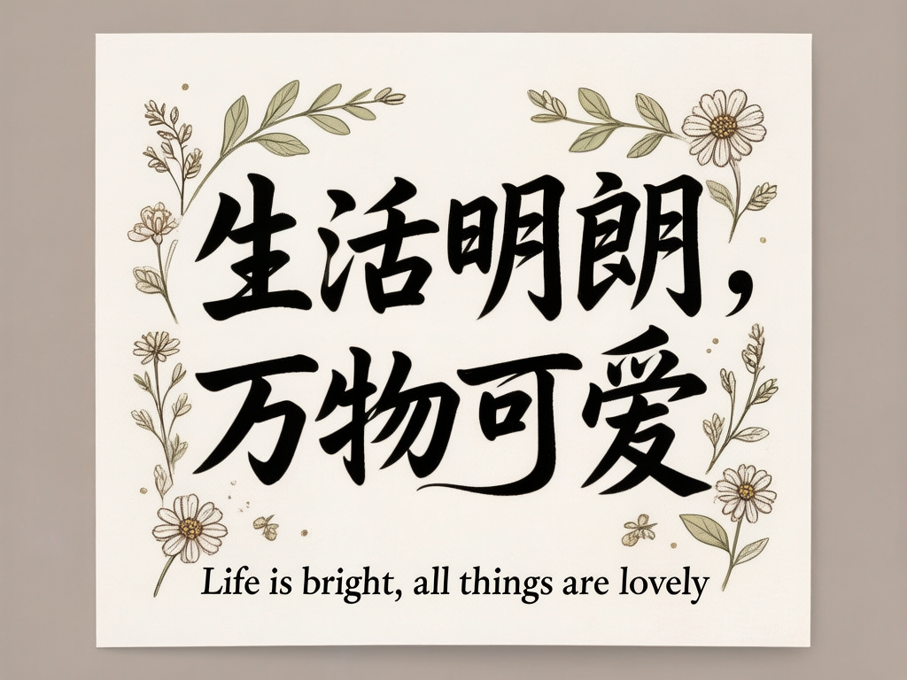 图中展示了一张具有清新文艺风格的方形装饰画。画面背景为柔和的米白色，中心位置印有两行醒目的黑色手写体中文字符：“生活明朗，万物可爱”，字体笔画圆润且富有力度。在中文下方，配有一行较小的英文翻译“Life is bright, all things are lovely”。画面的四周点缀着淡雅的手绘风植物插图，包括浅绿色的叶子和几朵白色的雏菊，色彩以莫兰迪色系为主，营造出一种温馨、治愈的视觉氛围。在 AI 生成的细节方面，可以观察到明显的笔画异常：中文“朗”字的右半部分结构略显生硬，与传统书法逻辑不符；“爱”字的下半部分笔画交织模糊；此外，画面边缘的部分叶片和花瓣线条出现了断裂或重叠，且背景中散落的金色装饰圆点分布略显杂乱，缺乏自然的手绘感。