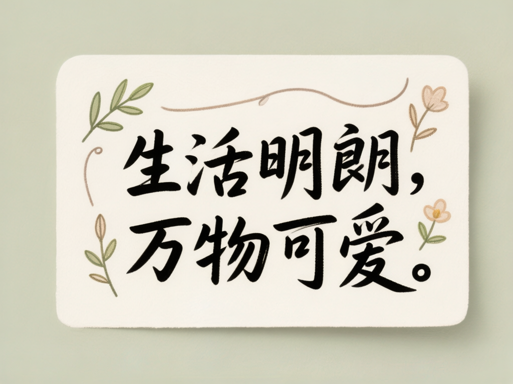图中展示了一张米白色、圆角的矩形卡片，平铺在浅绿色的背景上。卡片中心写有两行黑色的手写体中文书法，文字内容为“生活明朗，万物可爱。”，字体圆润且富有动感。卡片的四周点缀着简约的手绘插画，包括左上角的几片绿叶、左侧和右侧零星的小花与藤蔓，整体配色清新淡雅，营造出一种温馨、治愈的视觉氛围。在 AI 生成的细节方面，可以观察到文字虽然清晰可辨，但部分笔画的粗细衔接略显生硬，尤其是“朗”字的右半部分和“爱”字的撇捺处，带有明显的数字模拟痕迹。此外，卡片边缘的阴影效果分布不够自然，左侧藤蔓的线条末端处理较为模糊，与整体精致的构图相比略显突兀。