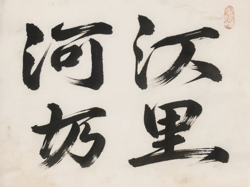 图中展示了一幅模仿中国传统书法的作品，背景是带有微黄质感的宣纸色调，右上角盖有一枚红色的长方形仿古印章。画面中心由四个黑色的毛笔字组成，分为上下两行排列。这些字迹试图模仿行书或草书的洒脱风格，笔触中带有明显的枯笔焦墨效果，展现出一种苍劲的质感。然而，作为 AI 生成的内容，这四个字存在明显的逻辑缺陷：它们并非真实的汉字，而是由类似汉字偏旁部首的线条随机组合而成的“伪汉字”，无法辨认出具体的含义。例如，左上角的符号虽有“氵”和“河”的轮廓，但结构扭曲；右下角的符号酷似“里”字，但笔画连接处生硬且不符合书法法度。整体构图虽然平衡，但文字内容的缺失使其仅具有视觉上的形式感，缺乏实际的文学意义。