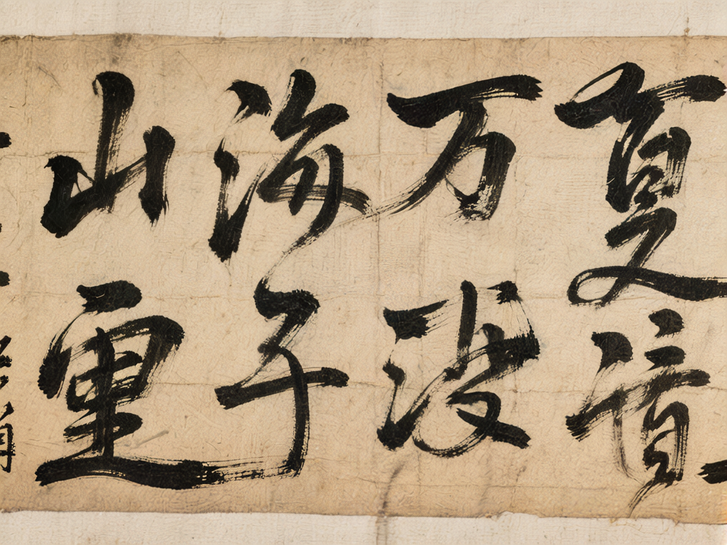 图中展示了一幅模仿中国传统书法横幅的画面，背景是带有褶皱和纤维质感的淡黄色古旧宣纸，边缘呈现出不规则的裁剪痕迹。画面中心分布着两行黑色的毛笔书法字体，笔触浓重，带有明显的枯笔和飞白效果，试图营造出苍劲有力的艺术感。然而，作为 AI 生成的内容，画面存在明显的逻辑缺陷：文字并非真实的汉字，而是由类似汉字偏旁部首随机组合而成的“伪汉字”，无法进行实际阅读。例如，右上角的字符结构松散，左下角的字符则像是“重”字与不明线条的生硬堆砌。此外，笔画的交接处缺乏书法自然的提按转折逻辑，部分墨迹的边缘过于锐利或模糊，显得不够自然。整体构图虽然模拟了书法长卷的局部，但文字内容的缺失使其仅具备视觉上的符号感。